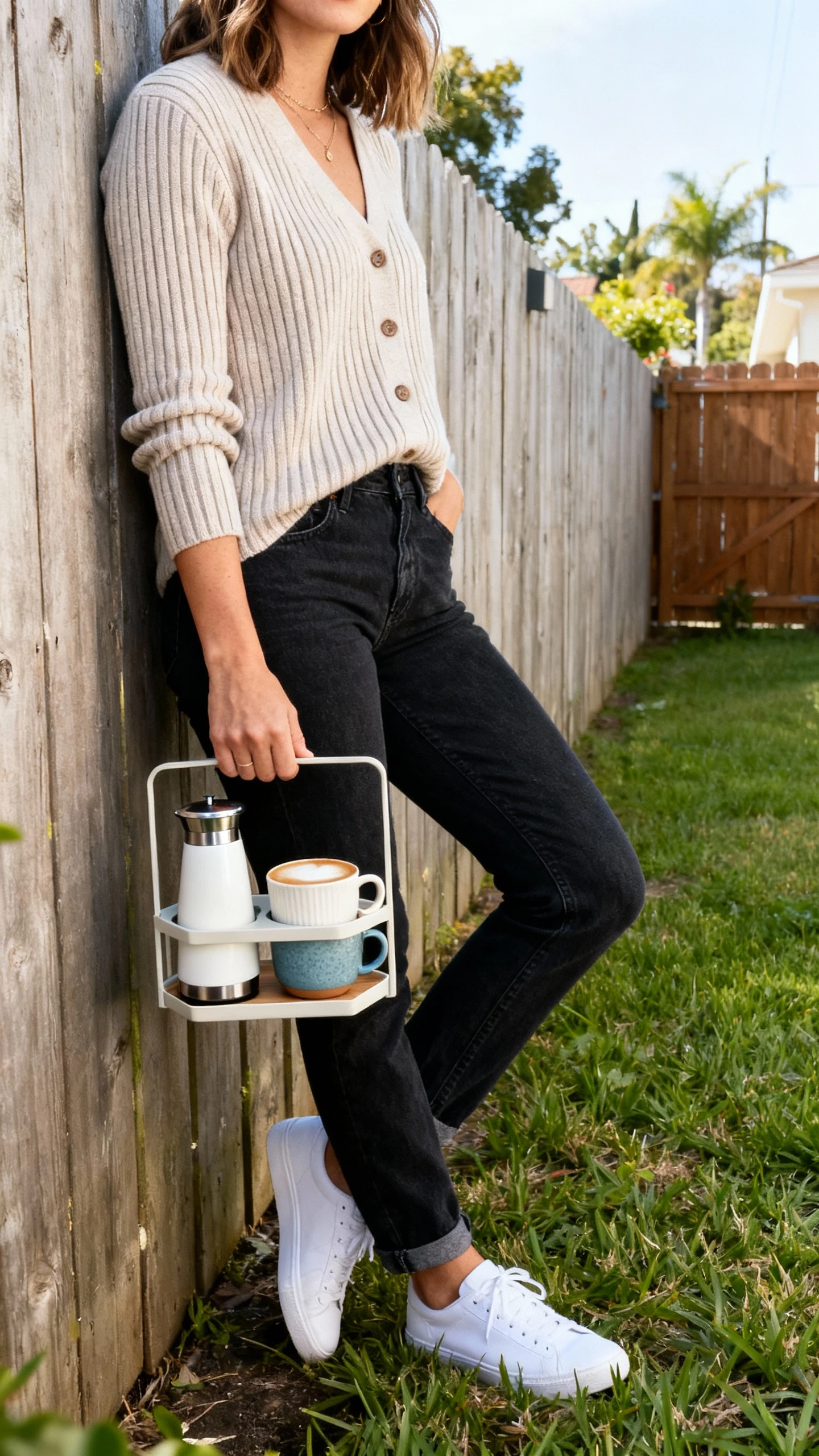 A woman wearing a ribbed cardigan, dark jeans, white sneakers, and holding an elevated coffee station kit (milk frother and chic mugs) in a small caddy, leaning against a backyard fence, casual iPhone photo style, natural daylight, outdoor setting.