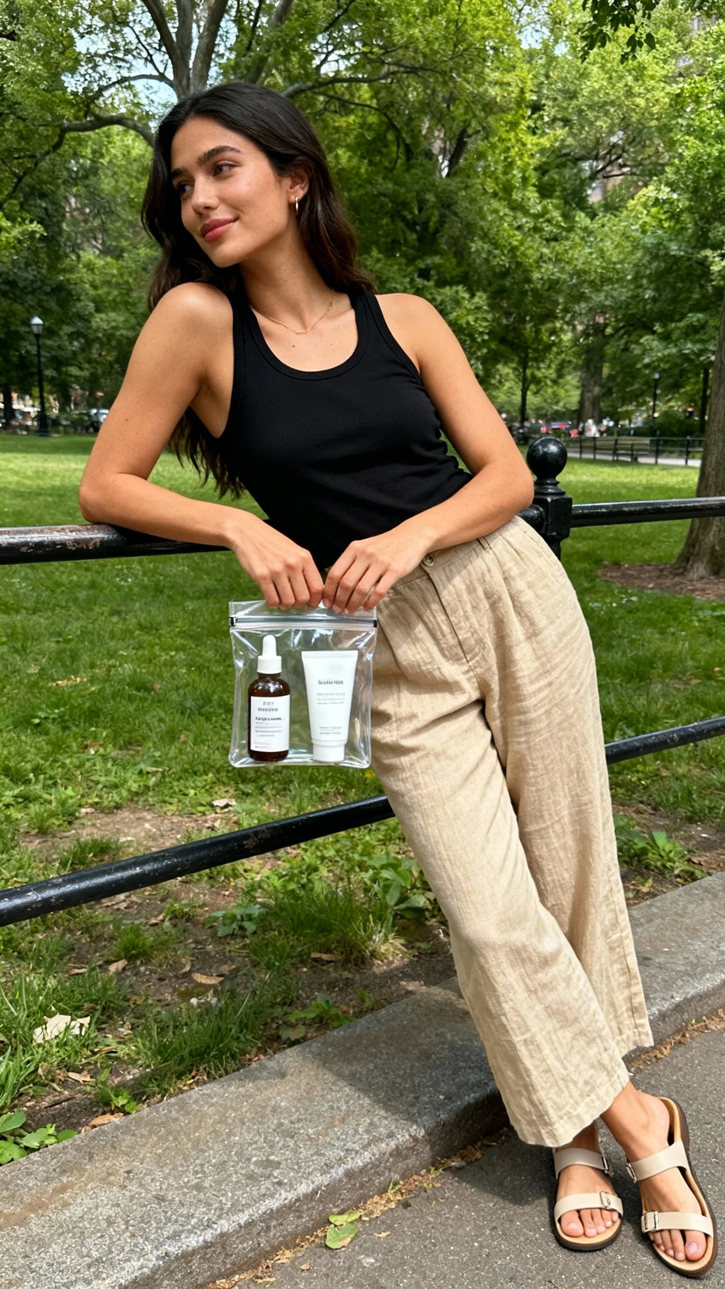 A woman wearing a simple black tank, beige linen trousers, minimalist sandals, and showing an editor-approved skincare pair (serum and moisturizer) from a clear pouch, leaning on a park railing, casual iPhone photo style, natural daylight, outdoor setting.
