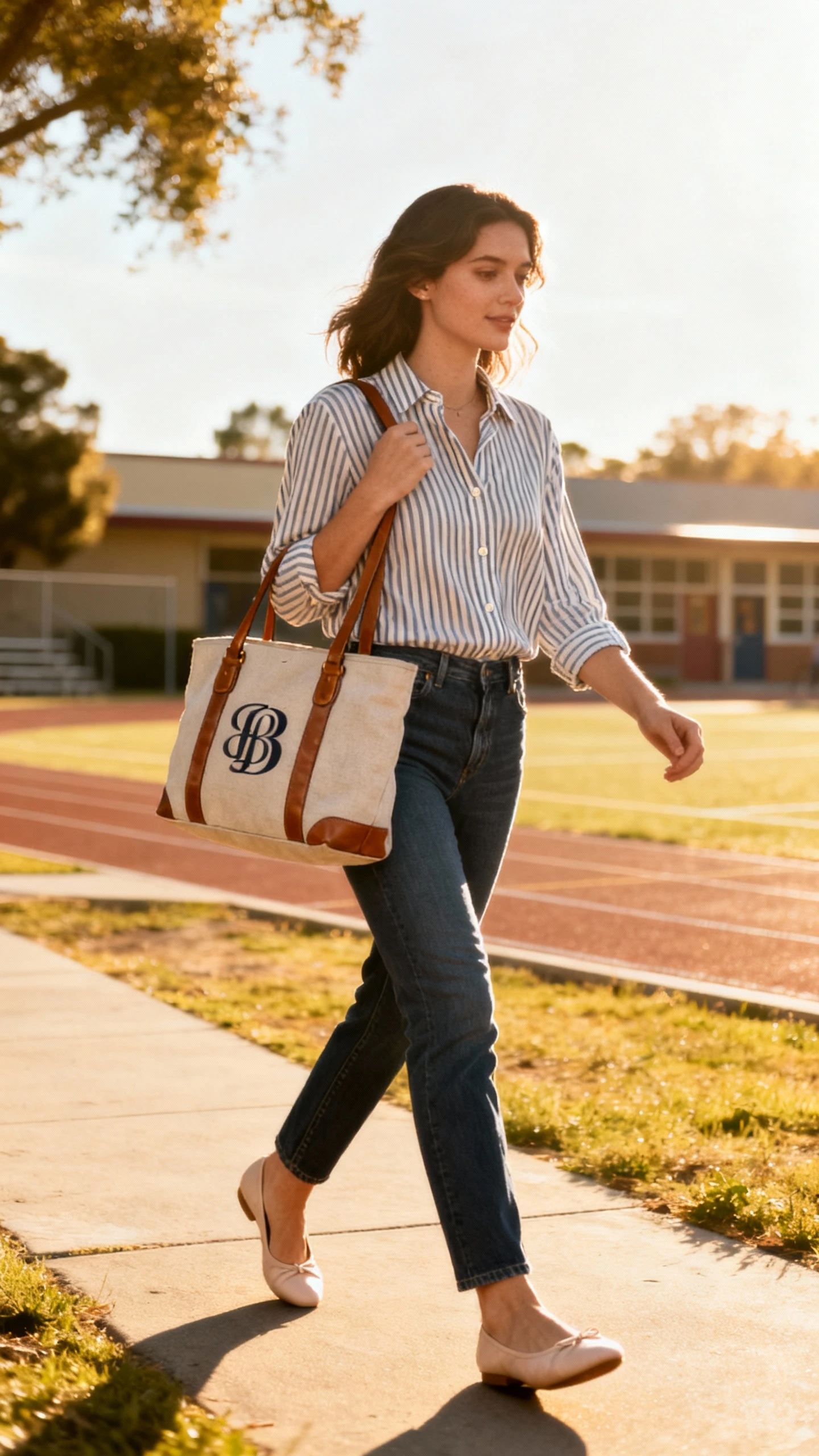 A woman wearing a striped button-up, straight-leg jeans, ballet flats, and carrying a monogrammed canvas tote with leather-look straps, crossing a schoolyard path, casual iPhone photo style, sunny day, outdoor setting.