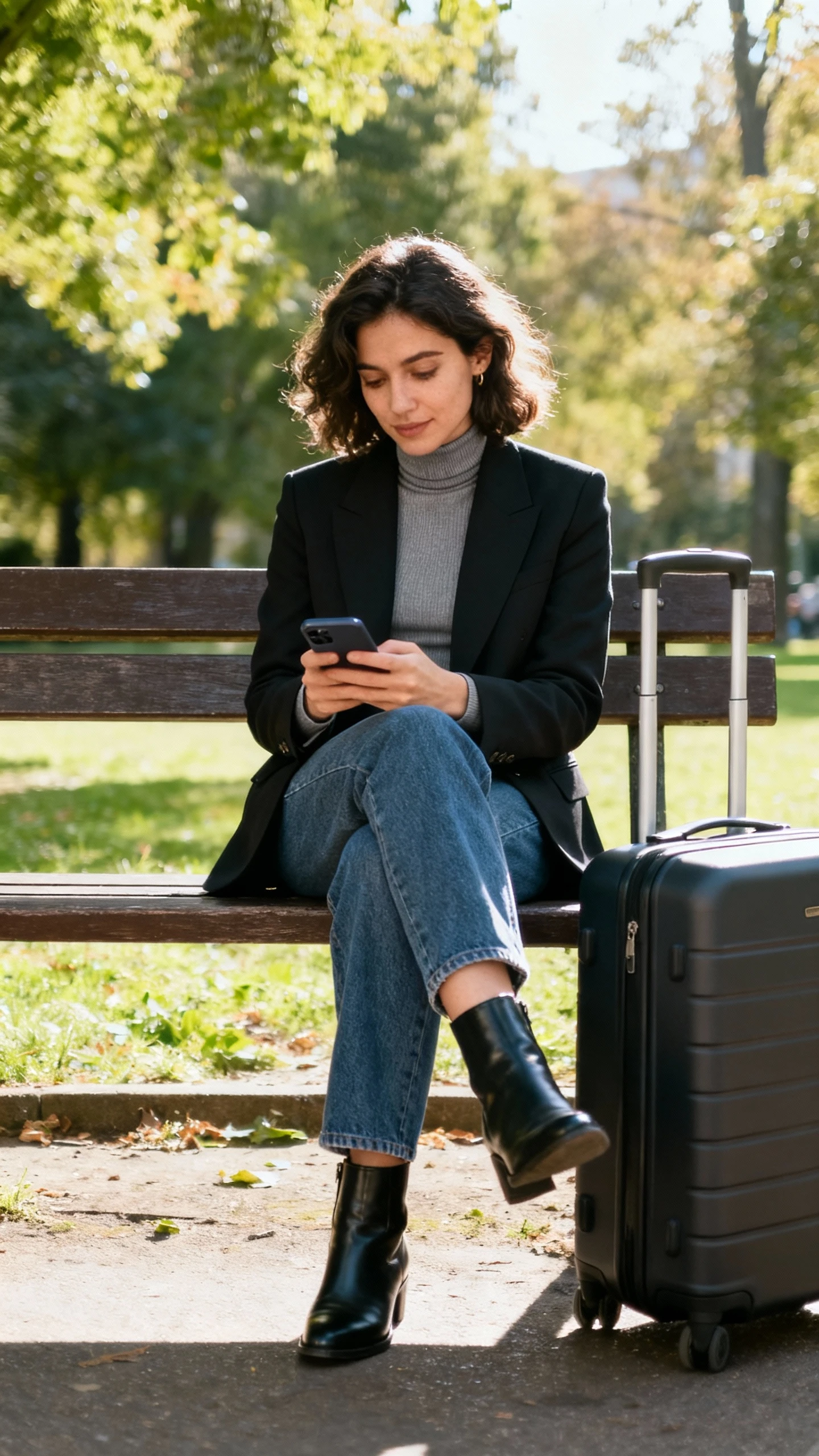 A woman wearing a structured blazer over a fitted turtleneck with classic straight jeans, ankle boots, and a carry-on bag, sitting on a park bench checking her phone, casual iPhone photo style, sunny day, outdoor setting.