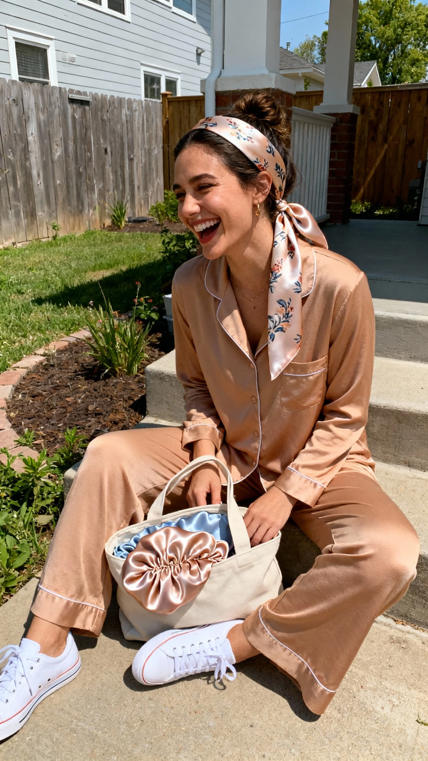 A woman wearing silk-look pillowcase print scarf tied in her hair, soft tan lounge set, white sneakers, and a tote with a satin pillowcase peeking out, sitting on a backyard step laughing, casual iPhone photo style, sunny day, outdoor setting.