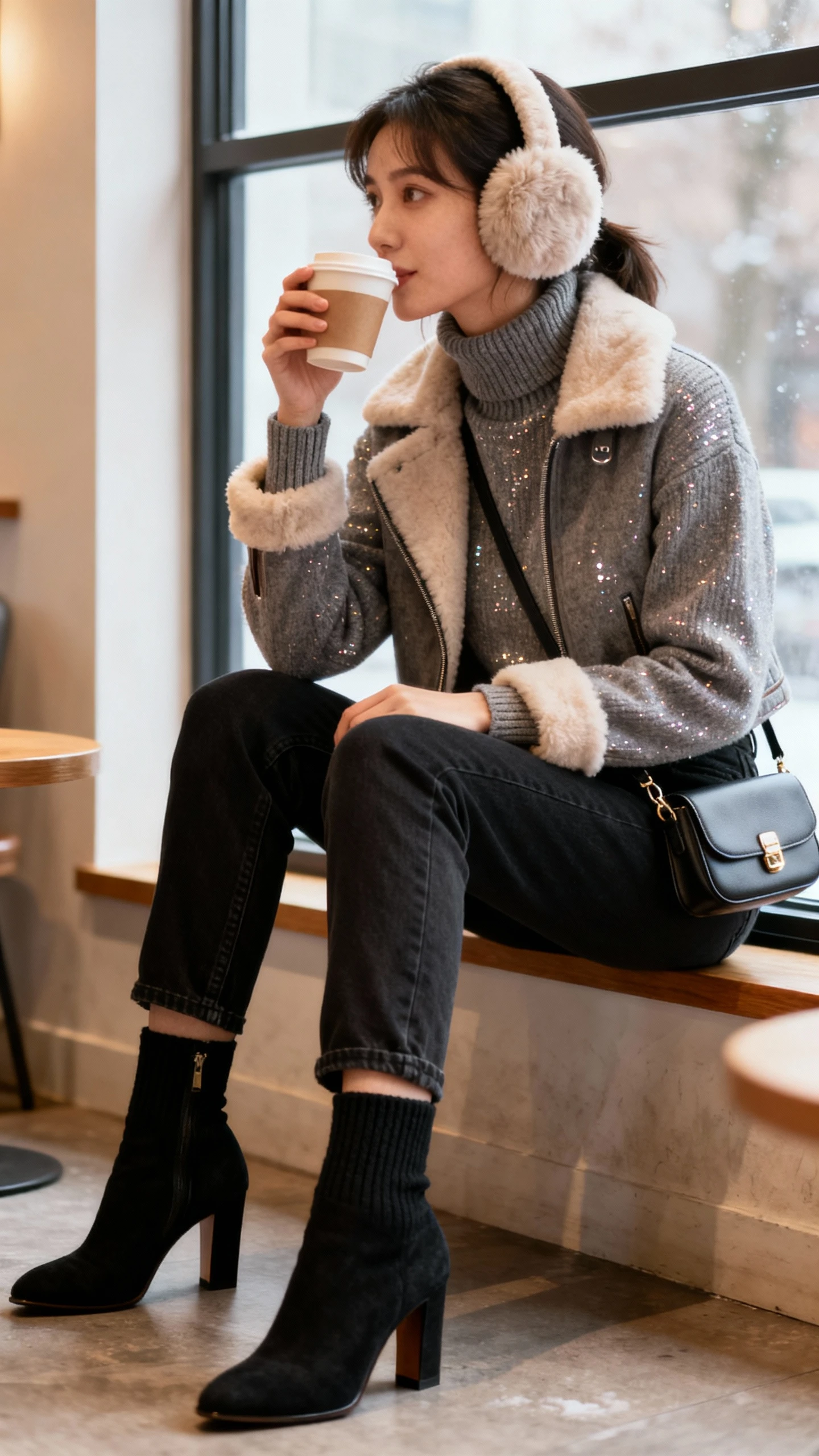 Candid cafe photo of a woman wearing a shearling-trim short jacket, soft mock-neck knit with subtle shimmer, black coated jeans, heeled sock boots, fluffy ear muffs, and a mini shoulder bag, sipping coffee by the window, face looking away, warm ambient light, casual iPhone aesthetic.