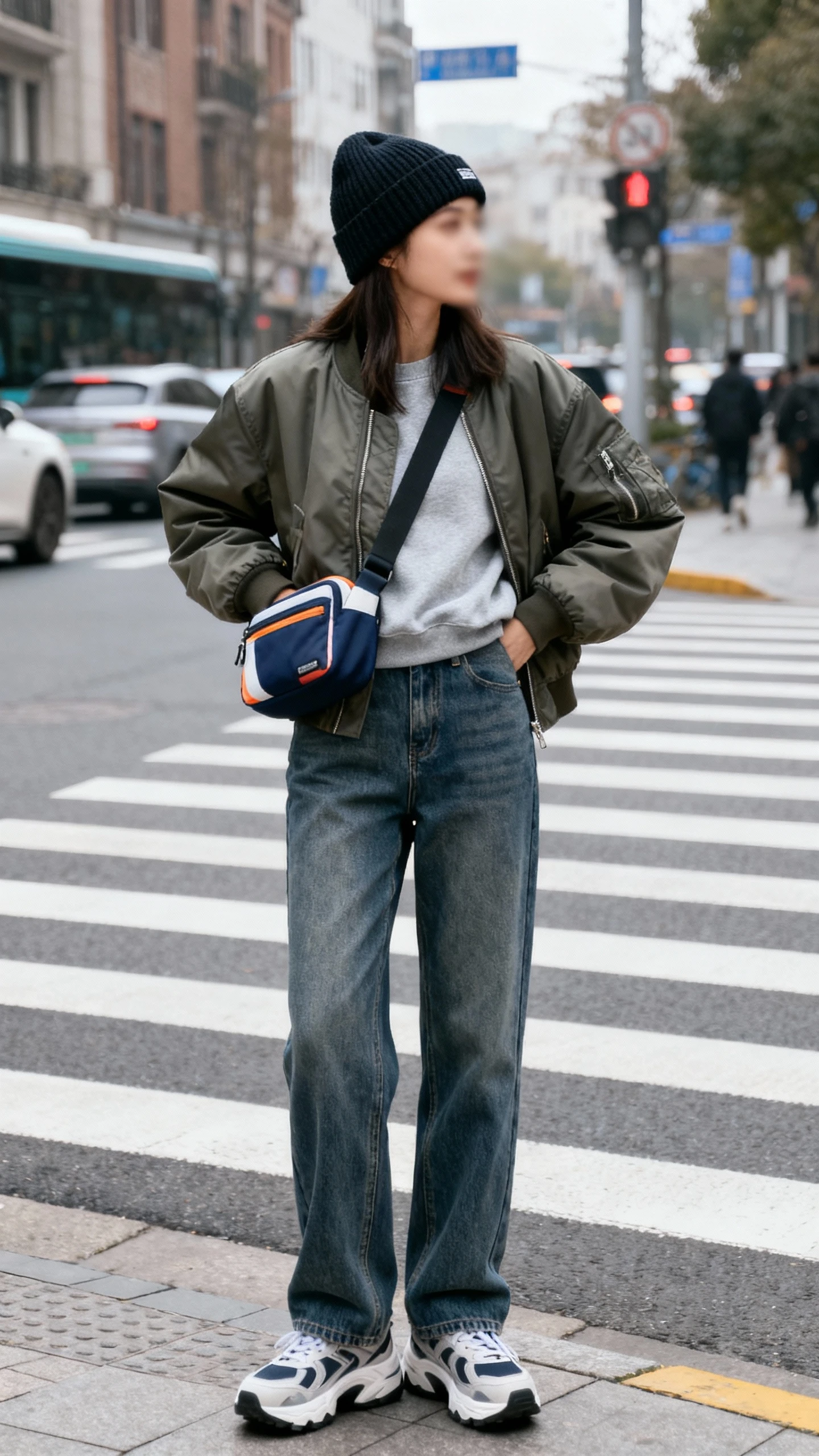 Candid photo of a woman in an oversized bomber jacket, relaxed-fit sweatshirt, high-waisted straight jeans, chunky sneakers, a ribbed beanie, and a sporty crossbody bag, waiting at a crosswalk on a busy street, face slightly blurred, overcast daylight, casual iPhone aesthetic.