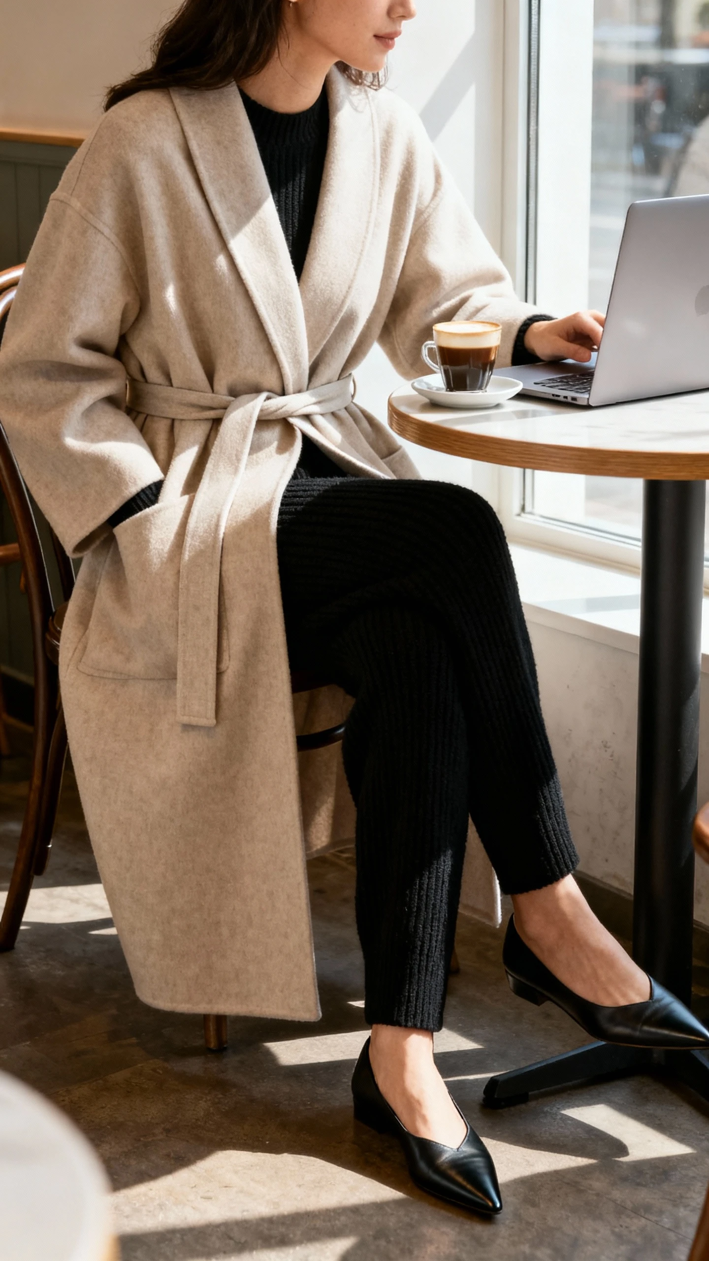 Candid photo of a woman wearing a minimalist robe coat in sand with a clean tie belt over an all-black knit set and pointed flats, sitting at a cafe table with a laptop and espresso, face in shadow, gentle window light, iPhone photo quality, relaxed and unstaged