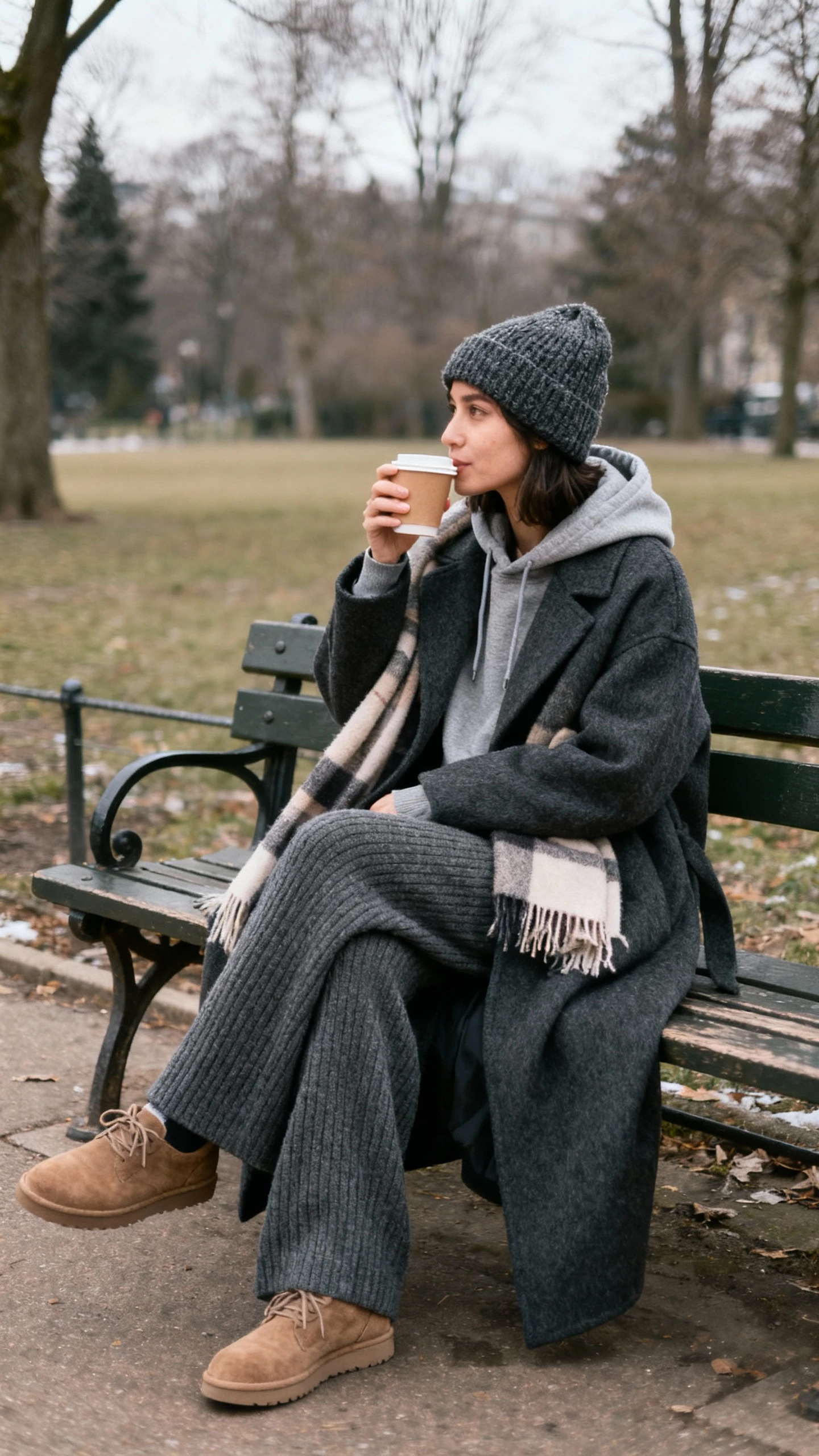 Cozy candid of a woman wrapped in a maxi wool coat in charcoal, over a cashmere hoodie, knit beanie, wide-leg knit pants, and suede sneakers, sipping coffee on a park bench with a blanket scarf, face looking away, overcast winter light, iPhone photo quality