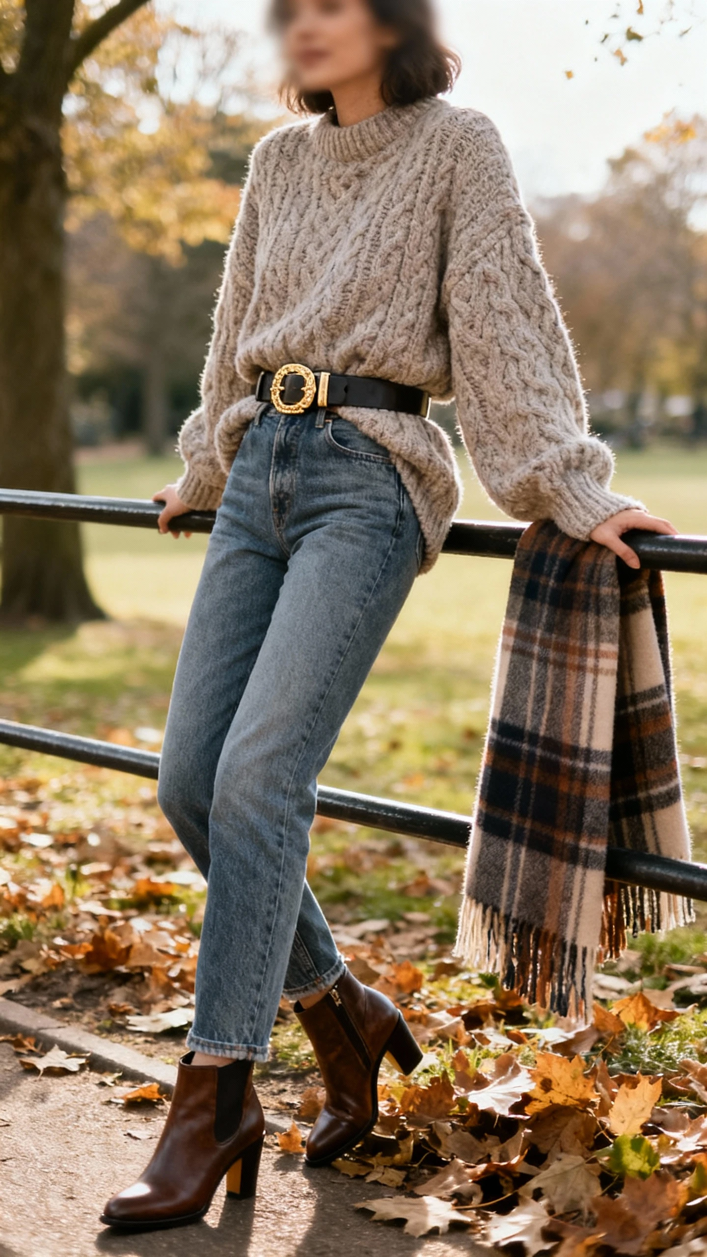 Cozy candid photo of a woman in a chunky oversized sweater cinched with a wide statement belt, medium-wash straight jeans, heeled Chelsea boots, and a large plaid blanket scarf, leaning on a park railing with leaves around, face slightly blurred, soft afternoon light, iPhone photo quality.