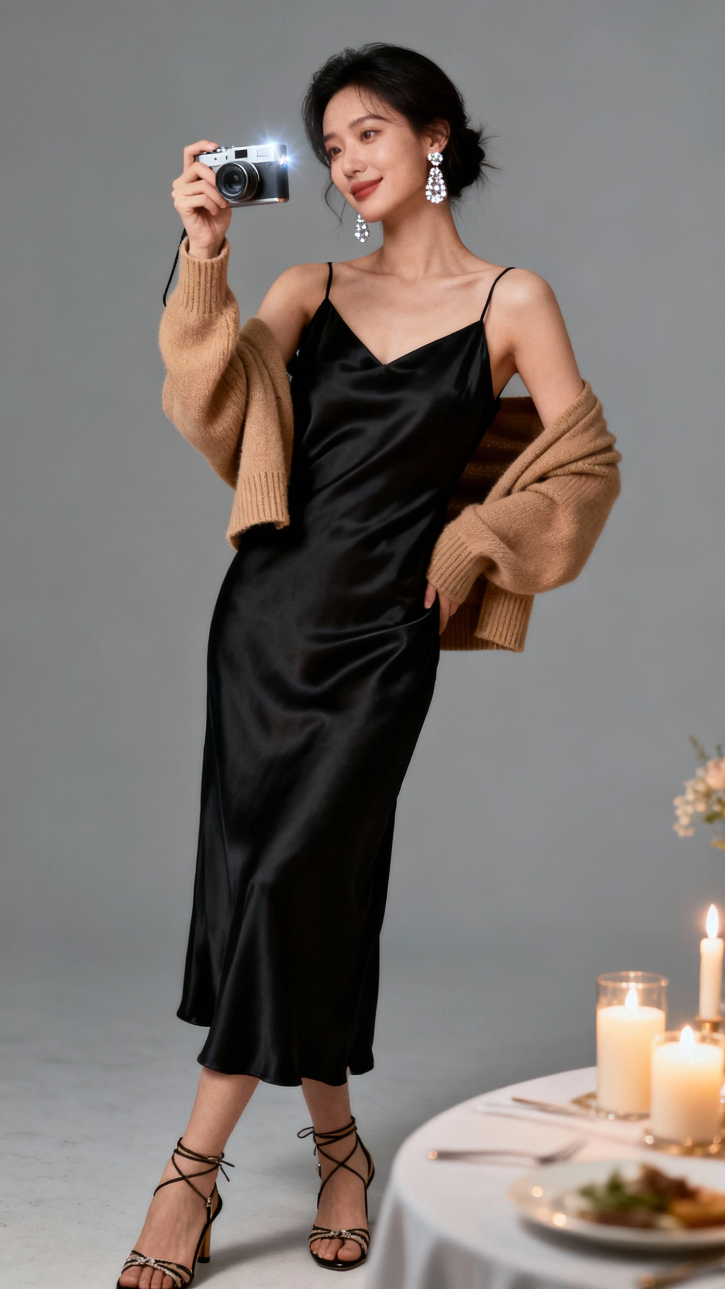 Editorial studio image of a woman in candlelit-dinner glam: black satin slip dress, cropped camel cashmere cardigan draped, sparkly drop earrings, strappy heels, and a compact mirrorless digital camera with a subtle flash; gray background, soft studio lighting with gentle highlights, elegant natural pose, clean composition.