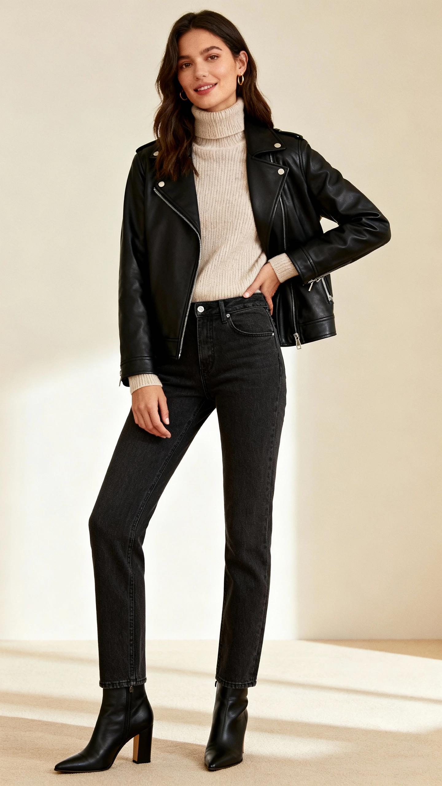 Editorial studio photo of a woman in a black leather jacket over a cashmere turtleneck with tailored jeans and heeled boots, cream background, soft studio lighting, confident natural pose, clean composition, cool-girl warmth.