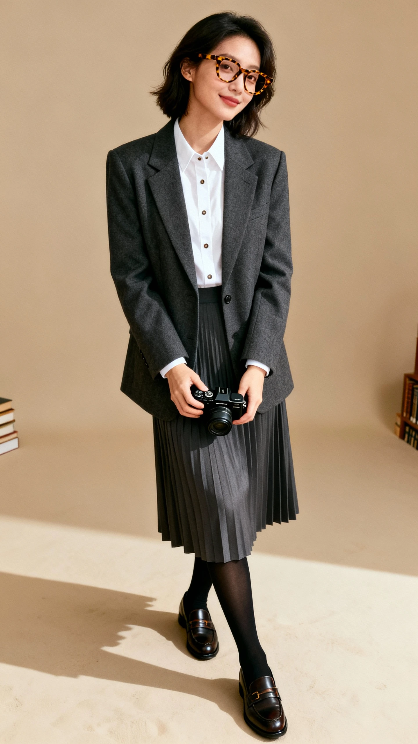 Editorial studio photo of a woman in library-date layers: charcoal blazer over a crisp white button-down, pleated midi skirt, opaque black tights, penny loafers, tortoiseshell glasses, and a sleek black digital camera in hand; sand-toned background, soft studio lighting, professional natural pose, clean composition.