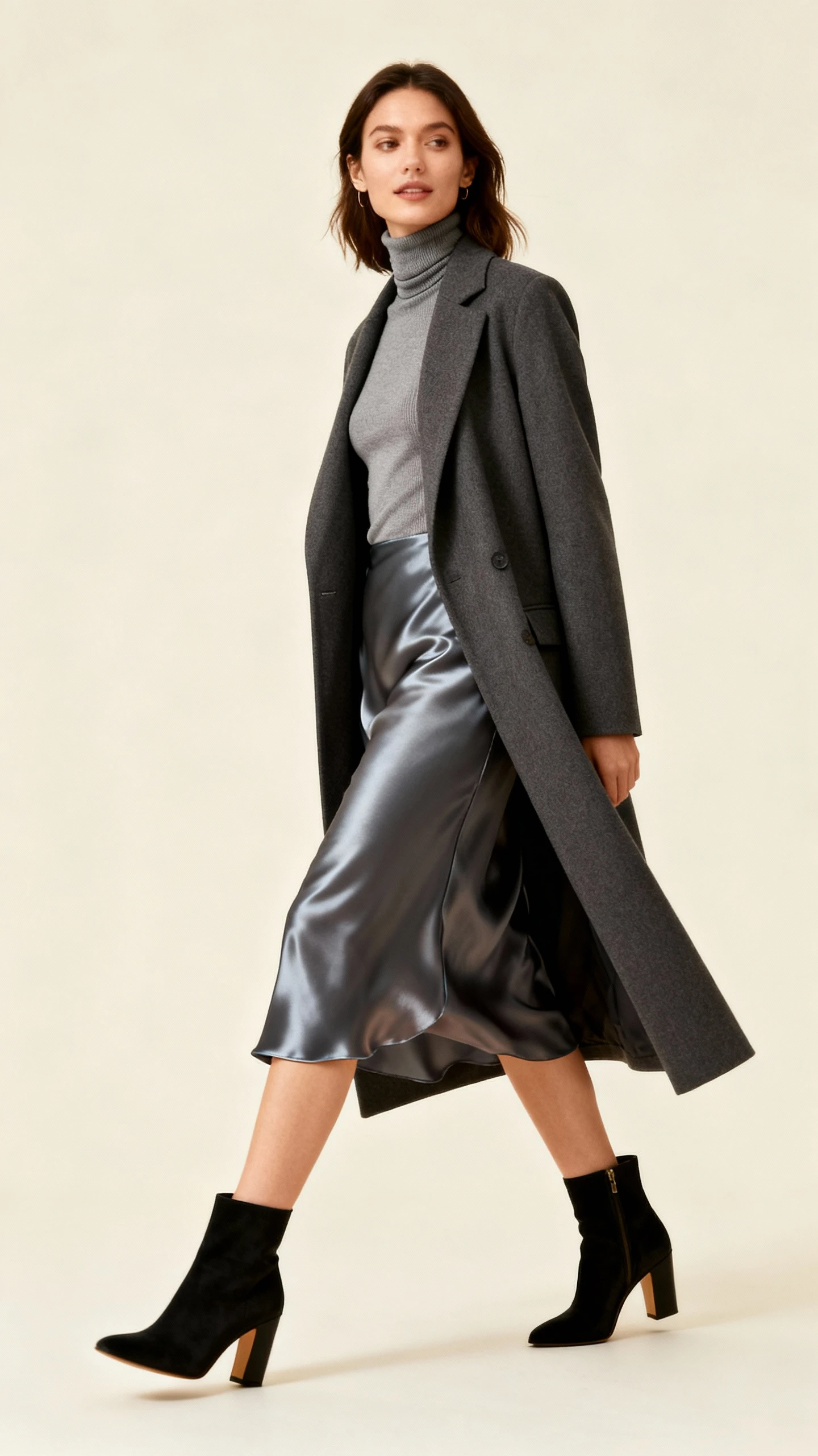 Editorial studio shot of a woman in a fitted turtleneck, satin slip skirt, and a long tailored coat with heeled ankle boots, cream background, soft lighting, subtle movement, clean composition, magazine-quality.