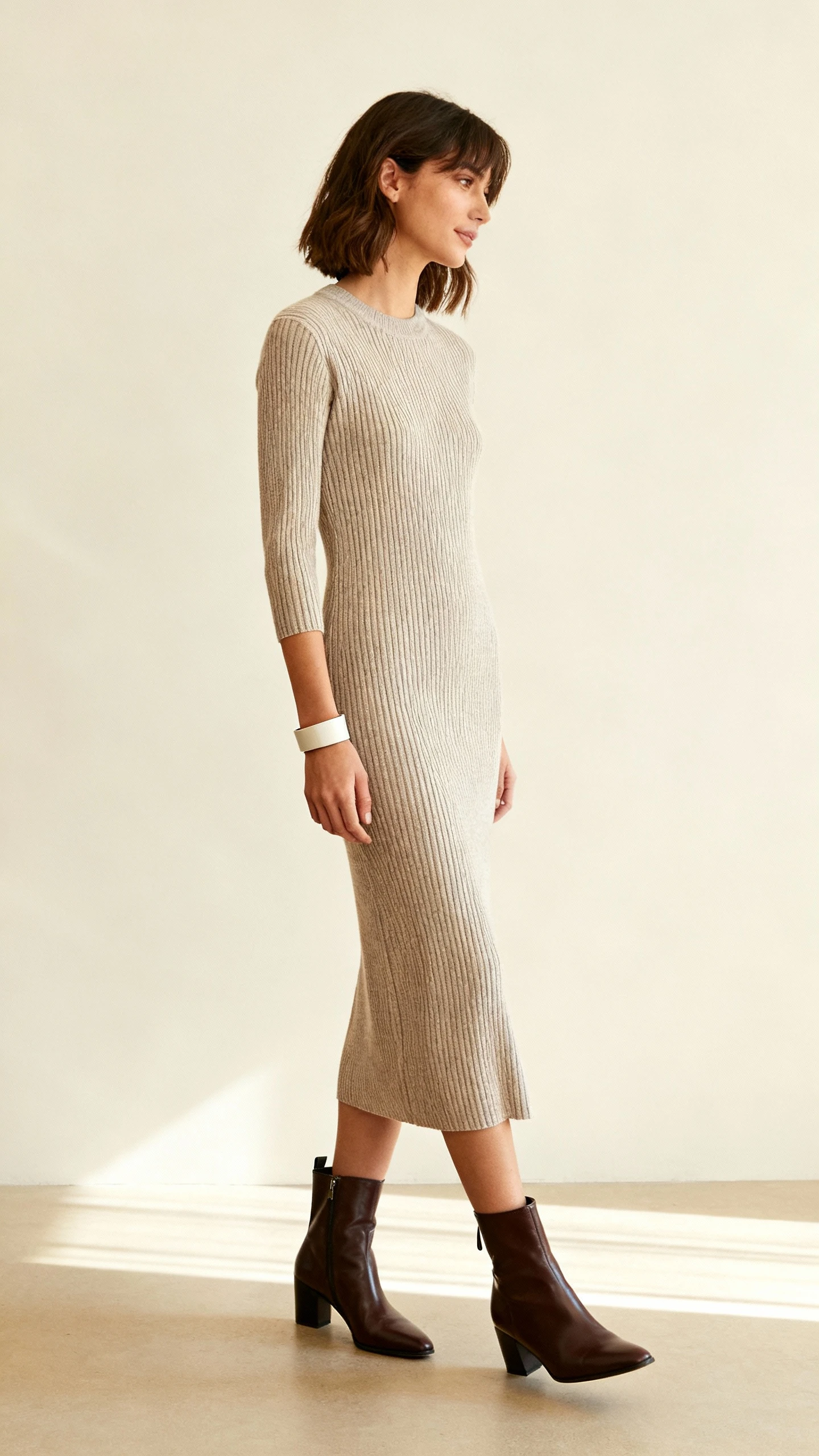 Editorial studio shot of a woman in a ribbed knit midi dress paired with sleek ankle boots and a minimalist cuff bracelet, cream background, soft studio lighting, slight side profile, clean composition.