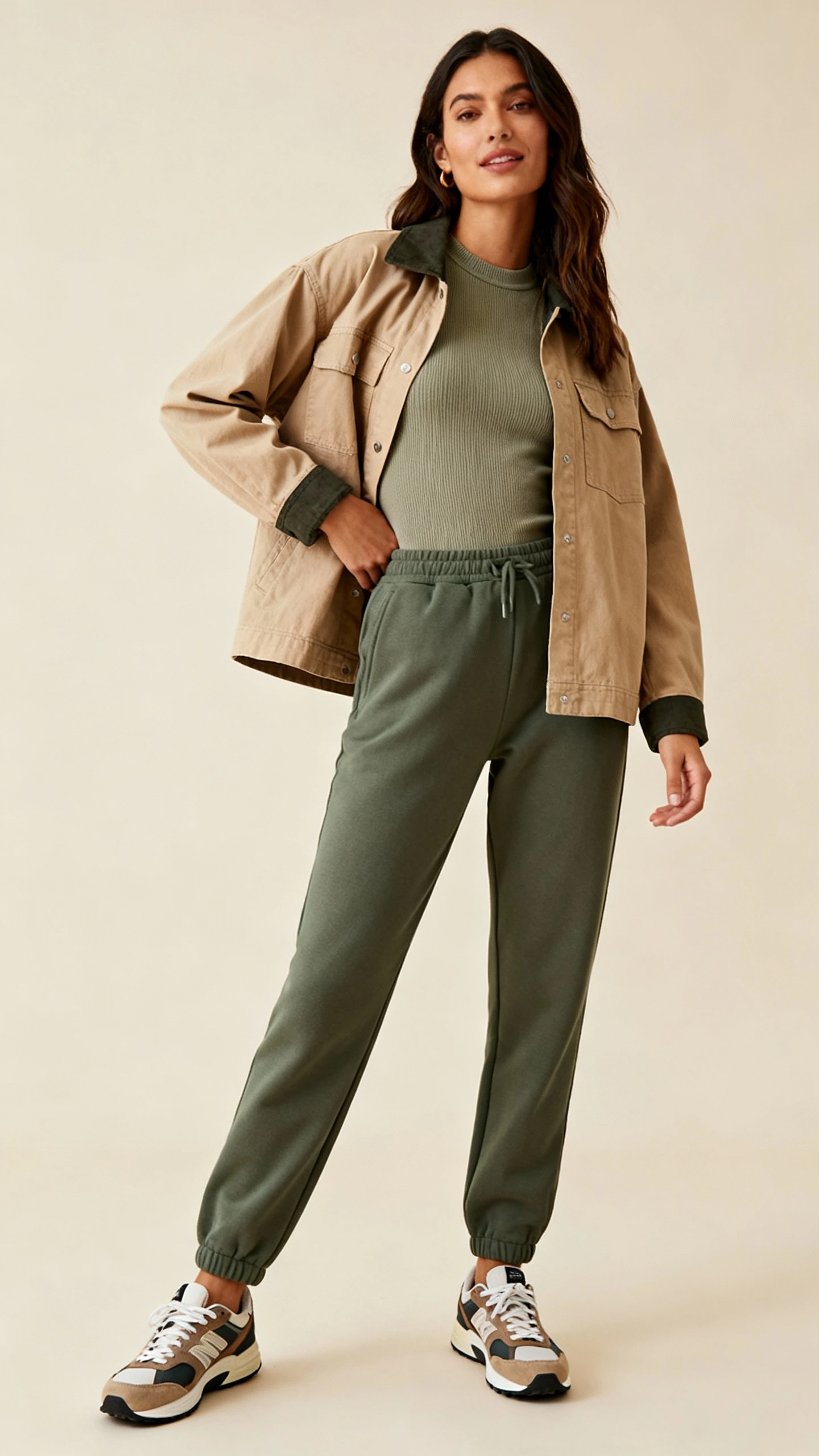 Editorial studio shot of a woman in a shacket layered over a thermal top with straight-leg joggers and retro sneakers, beige background, soft studio lighting, casual natural pose, clean composition, weekend-ready.
