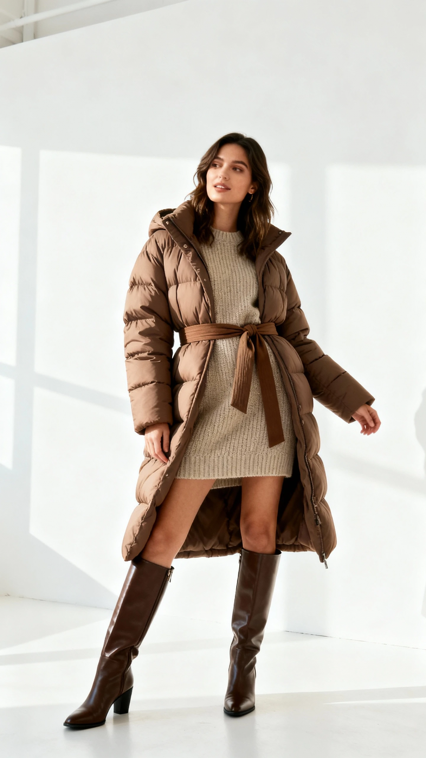 Editorial style photo of a woman in a belted puffer coat layered over a knit dress with sleek knee-high boots, white background, soft studio lighting, relaxed stance, clean and polished composition.