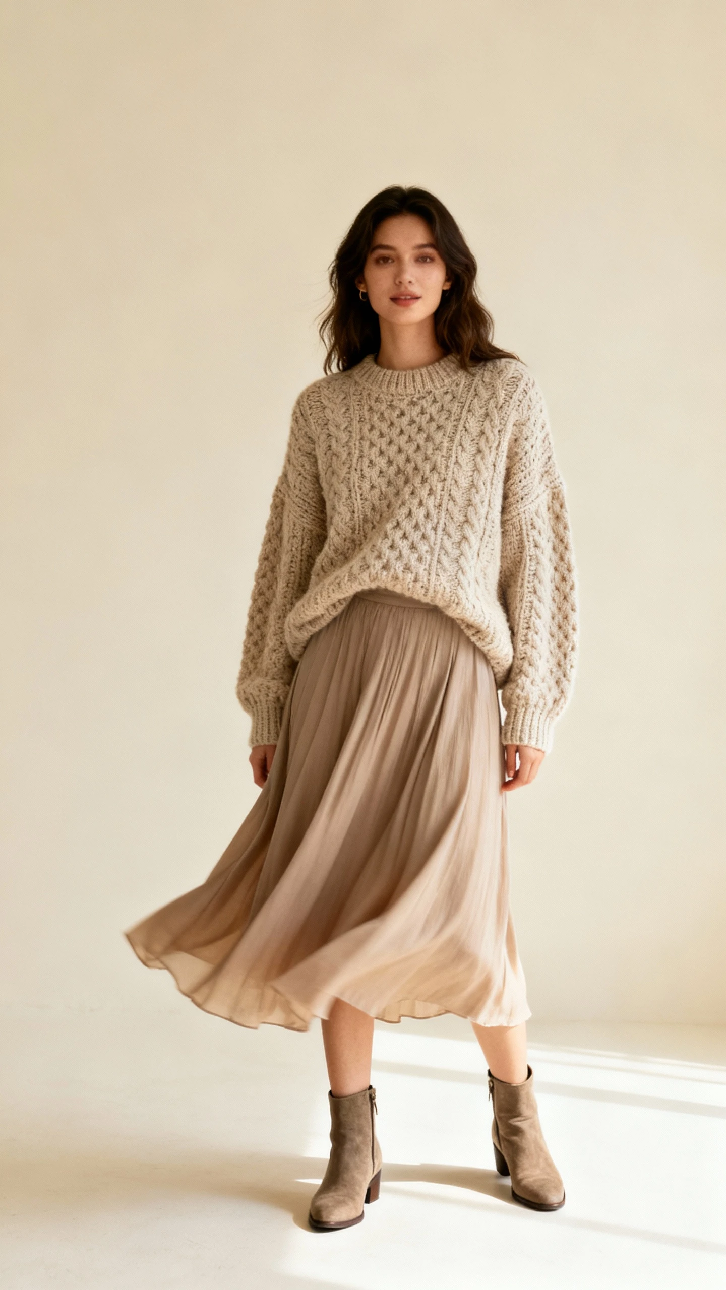 Editorial style photo of a woman in a chunky knit sweater paired with a flowy midi skirt and ankle boots, cream background, soft studio lighting, slight movement in the skirt, clean composition, fashion photography style.