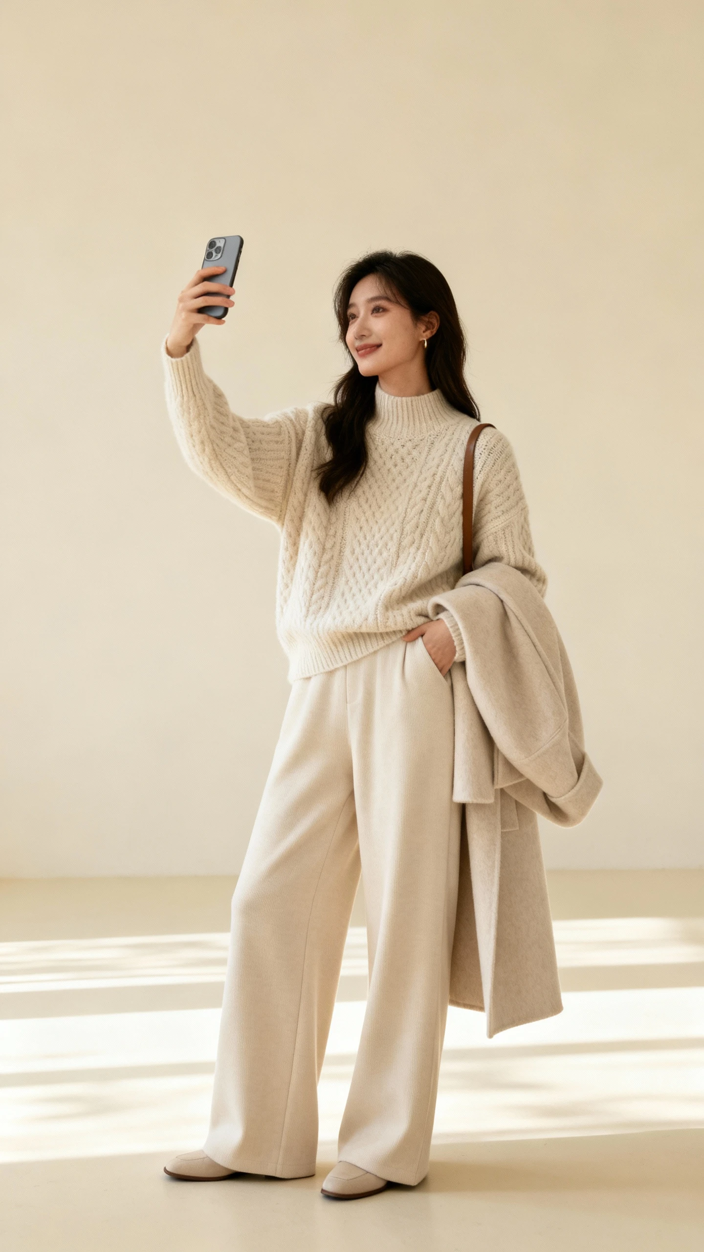 Editorial style photo of a woman in a cozy monochrome set: tonal knit sweater, wide-leg trousers, and matching coat with minimal accessories, cream background, soft studio lighting, subtle movement, clean and polished.