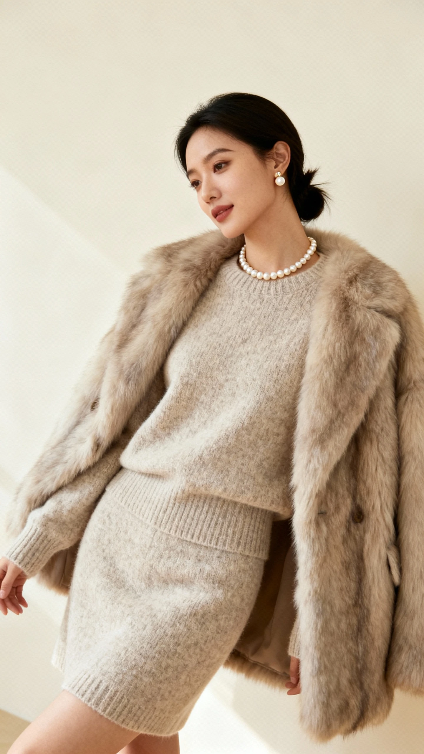 Editorial style photo of a woman in a luxe knit set (matching sweater and skirt) with a faux-fur coat, pearl necklace and earrings, cream background, soft studio lighting, gentle three-quarter pose, clean and polished.