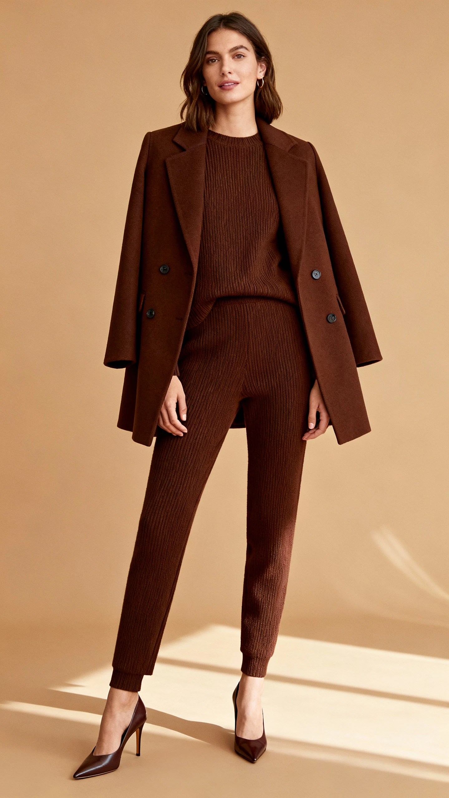 Editorial style photo of a woman in a monochrome chocolate-brown knit set with a tailored coat, matching trousers, and pointed-toe heels, tan background, soft studio lighting, relaxed stance, clean and polished composition.