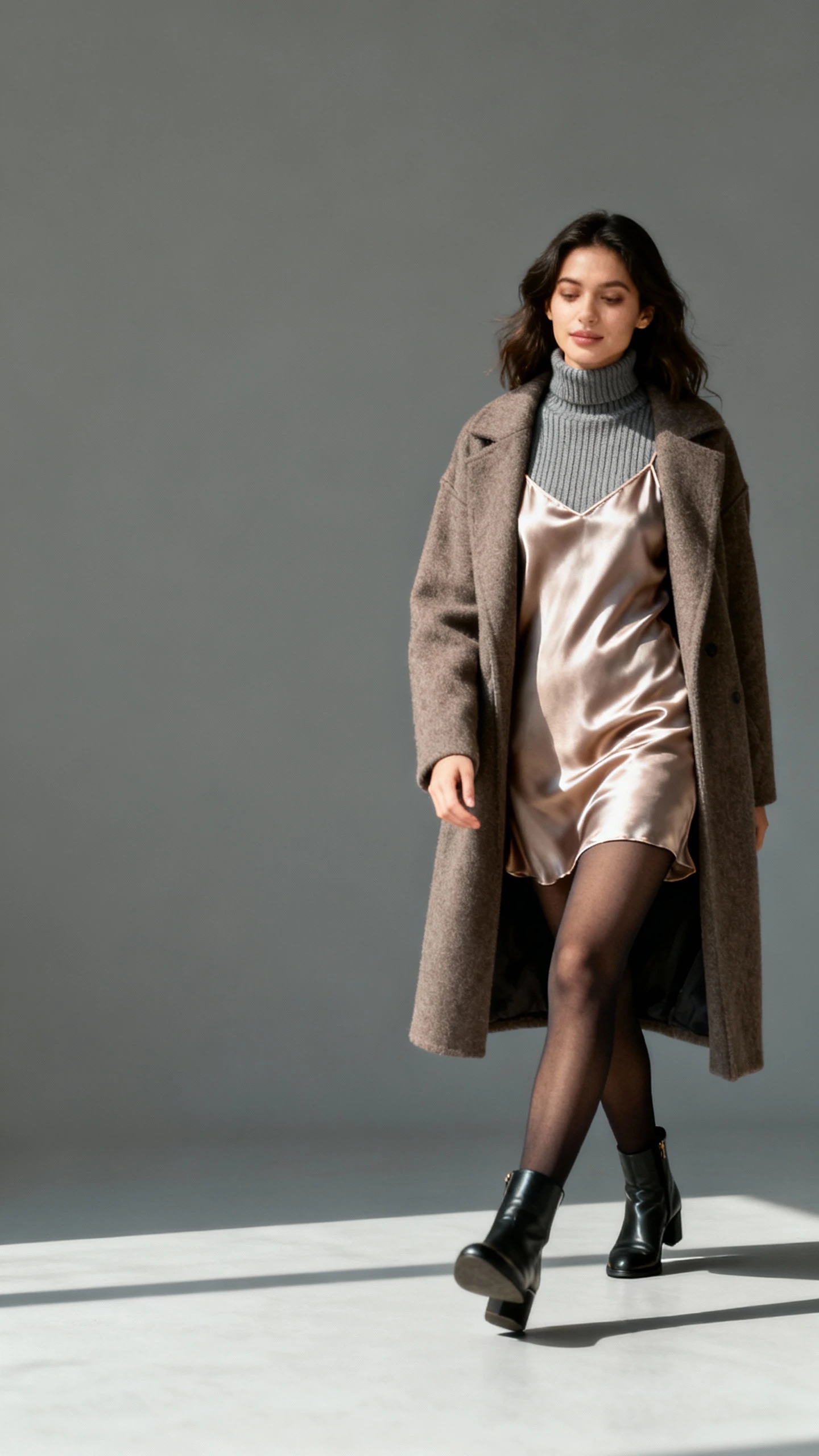 Editorial style photo of a woman in a satin slip dress layered over a fitted knit turtleneck with opaque tights, ankle boots, and a long wool coat, gray background, soft studio lighting, slight walking pose, clean and polished.