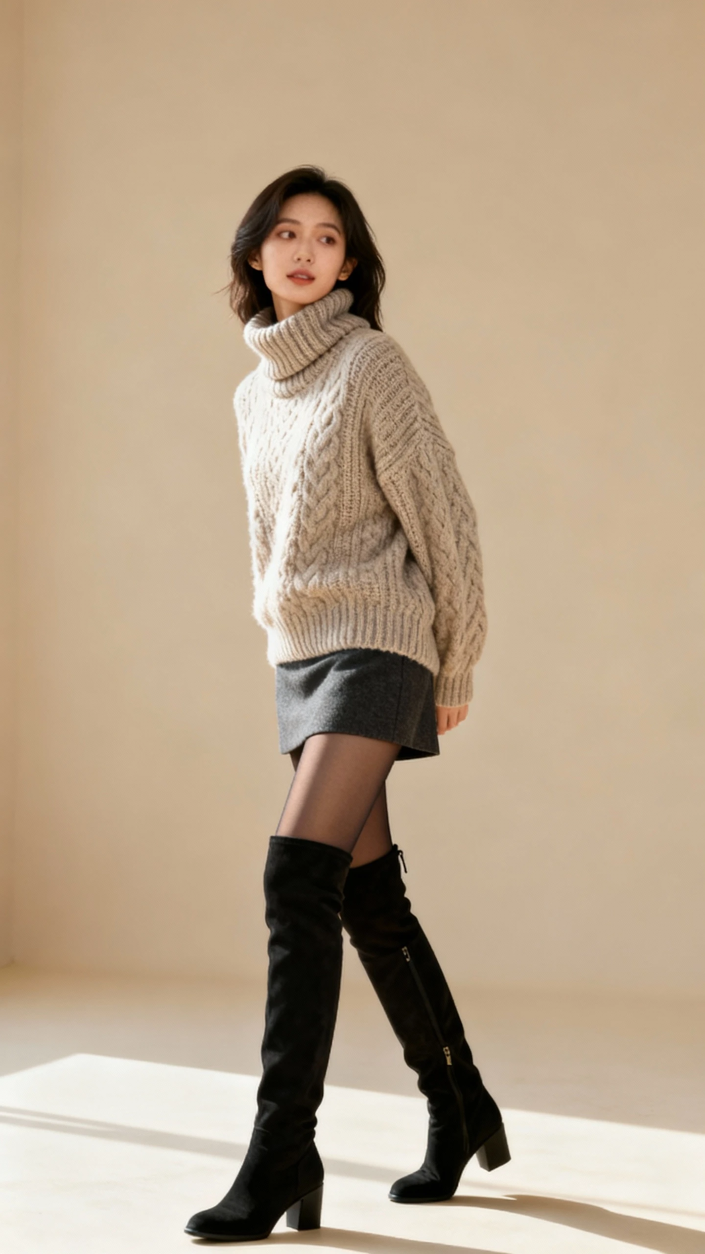 Editorial style photo of a woman in an après-chic look: chunky knit turtleneck, mini skirt, over-the-knee boots, and opaque tights, beige background, soft studio lighting, three-quarter angle, clean and polished.