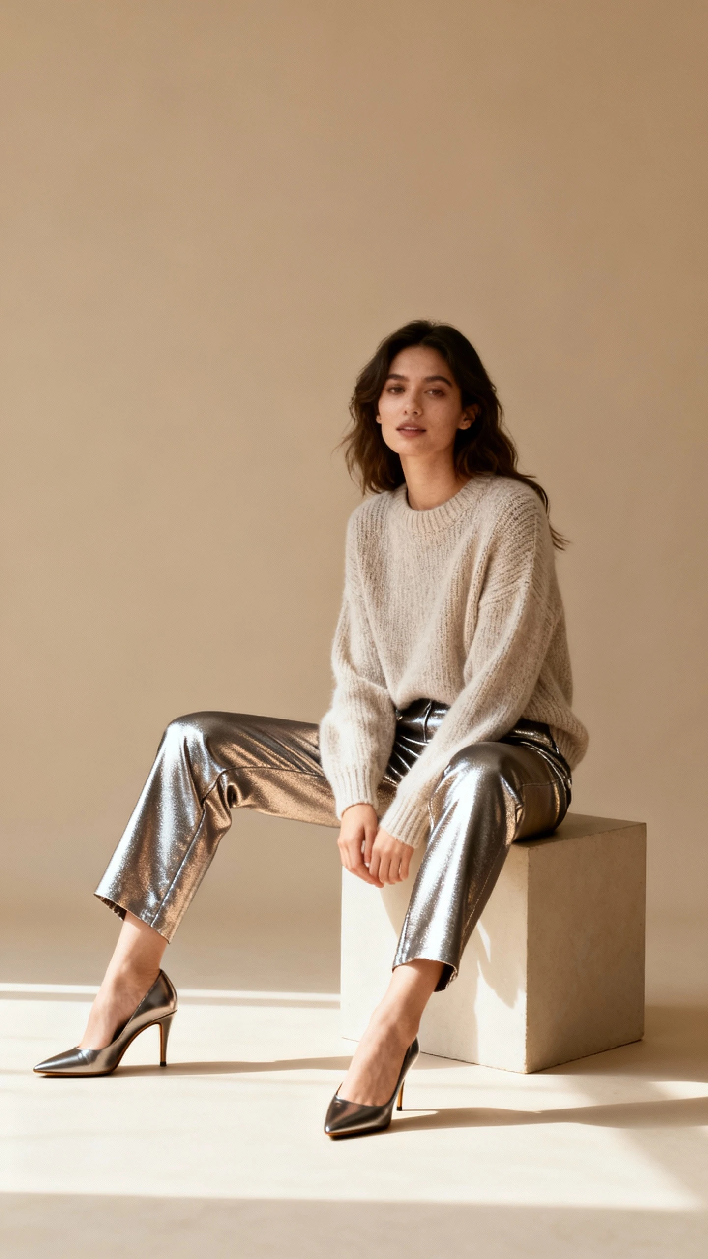 Editorial style photo of a woman in metallic trousers paired with a soft knit sweater and sleek heels, neutral beige background, soft studio lighting, seated on a simple block for variety, clean and polished.