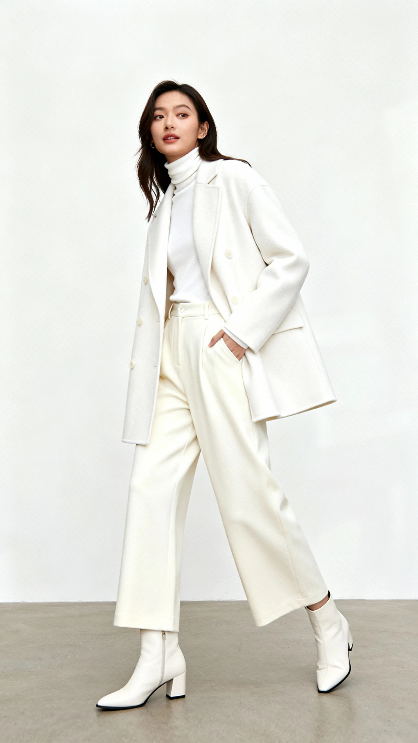 Editorial style photo of a woman in winter whites: tailored white coat, white turtleneck, ivory wide-leg pants, and white ankle boots, white background, soft studio lighting, slightly angled full-body shot, clean and polished.