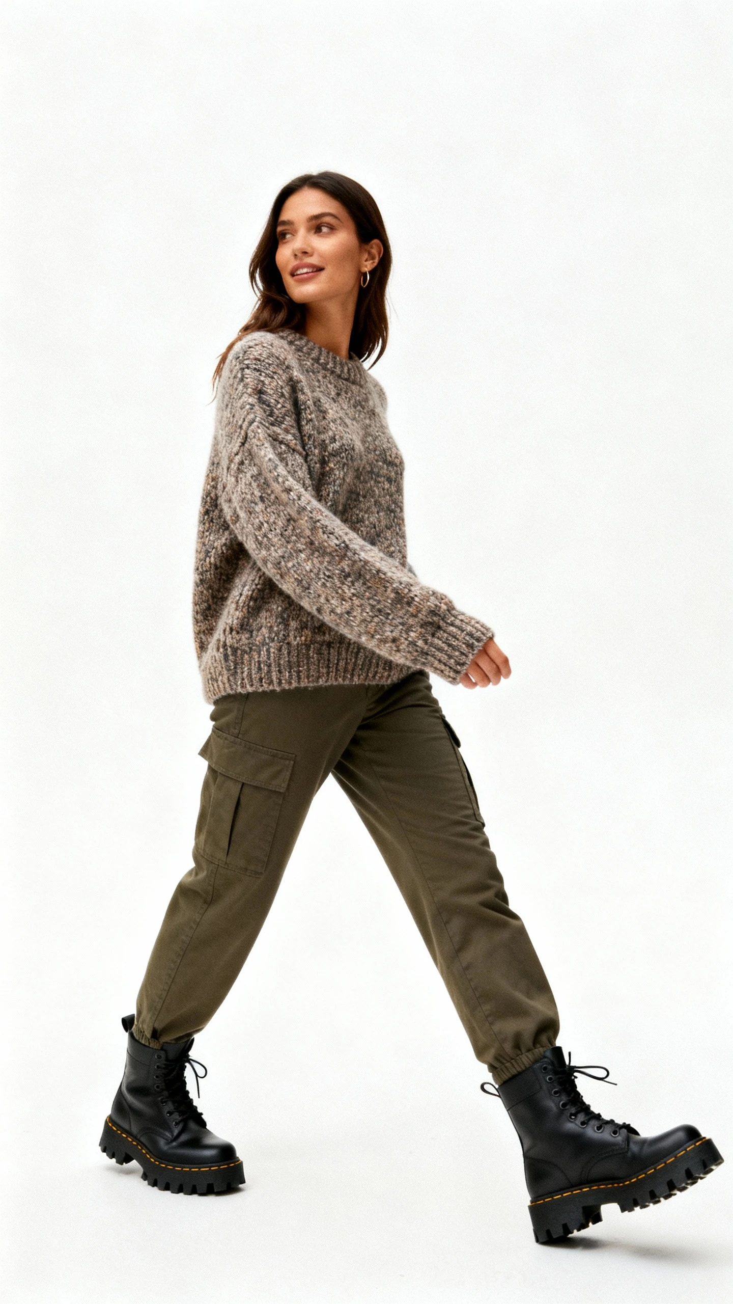 Editorial style photo of a woman wearing a chunky sweater, cargo pants, and lug-sole boots, white background, soft studio lighting, slight three-quarter angle, clean composition, modern outdoor-inspired vibe.