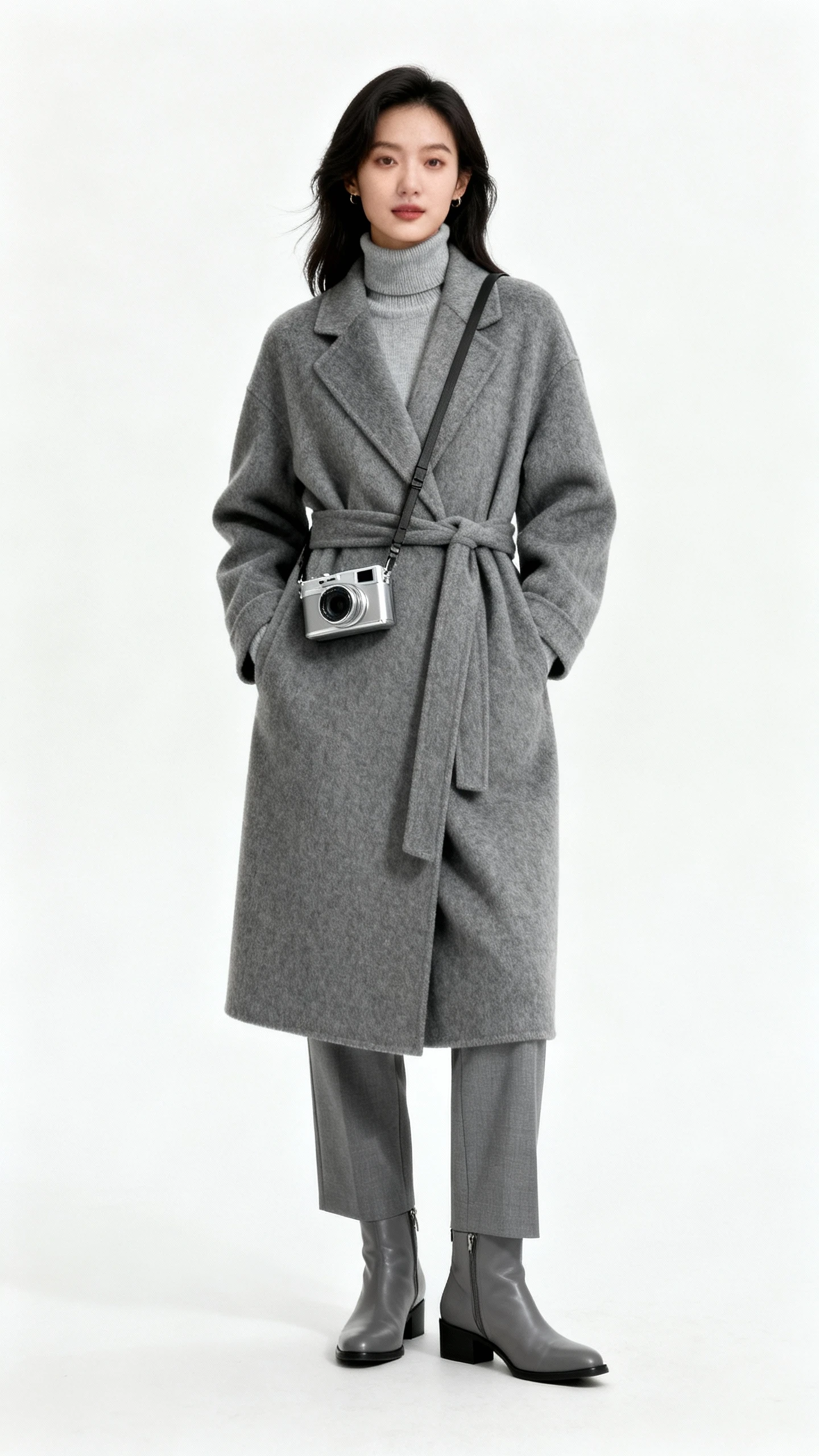 Editorial style photo of a woman wearing a soft monochrome winter look: dove-gray wool wrap coat, light gray cashmere turtleneck, matching tailored trousers, gray leather ankle boots, and a compact silver digital camera crossbody; white background, studio lighting, minimal setting, clean and polished.
