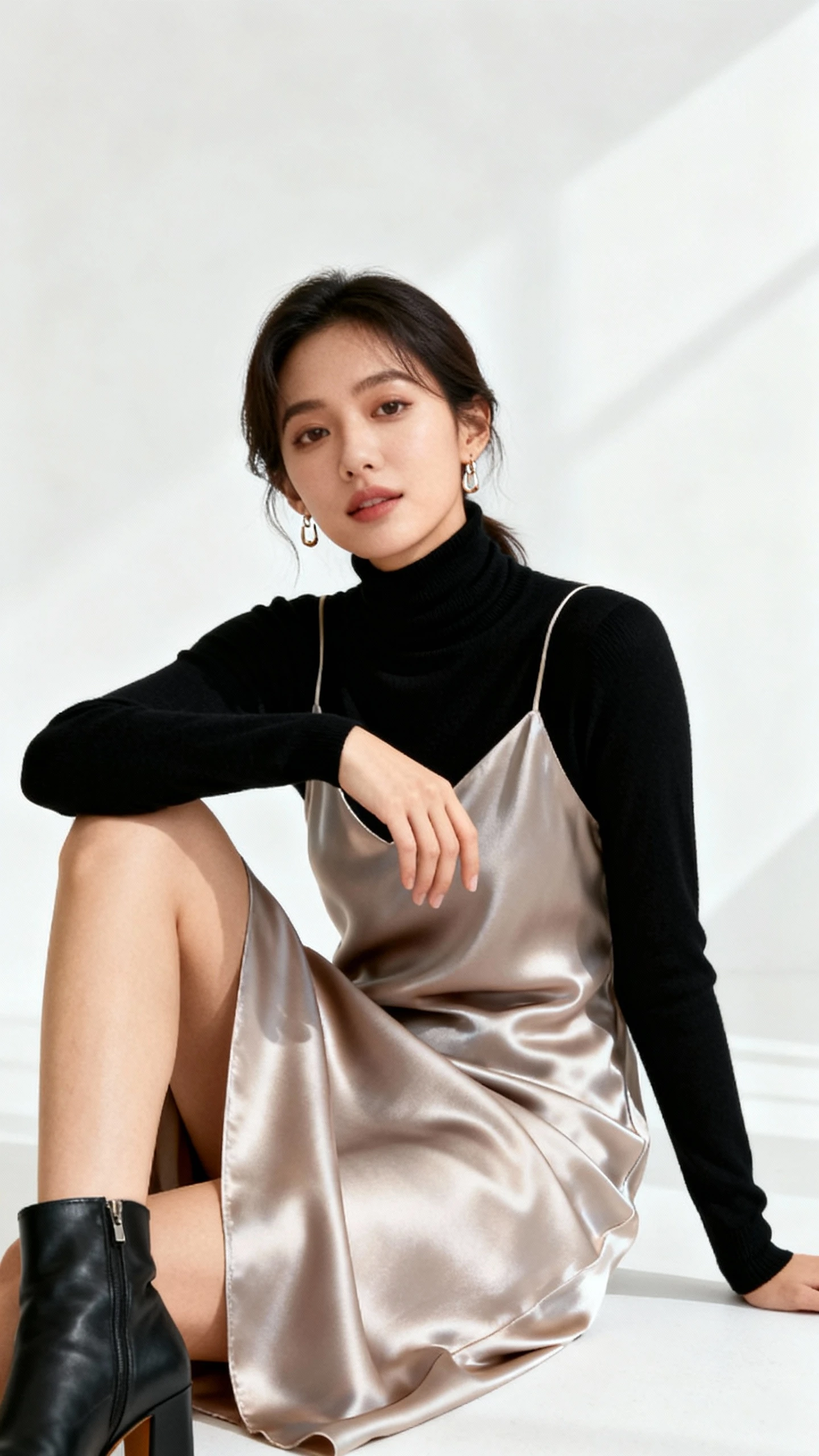 Fashion photo of a woman layering a black turtleneck under a satin slip dress with mid-heel boots and delicate earrings, white background, soft studio lighting, relaxed elegant pose, clean composition.