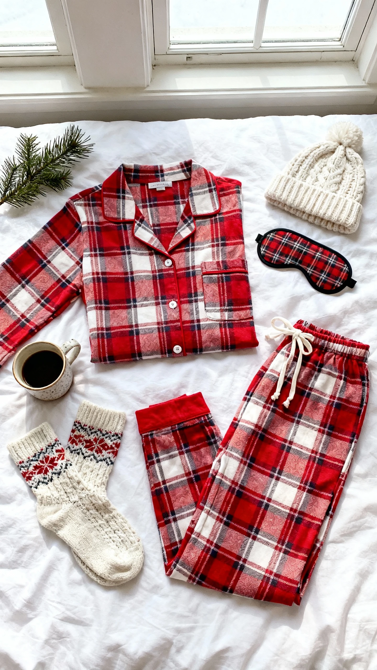 Flat lay overhead view of a classic matching holiday pajama set: red-and-white plaid long-sleeve button-up top with matching drawstring pants, cozy knit socks, soft knit beanie, and a plaid eye mask, arranged on a white bedspread with a ceramic coffee cup and a sprig of pine as props, bright natural window light, no person visible, organized composition, iPhone photo aesthetic.