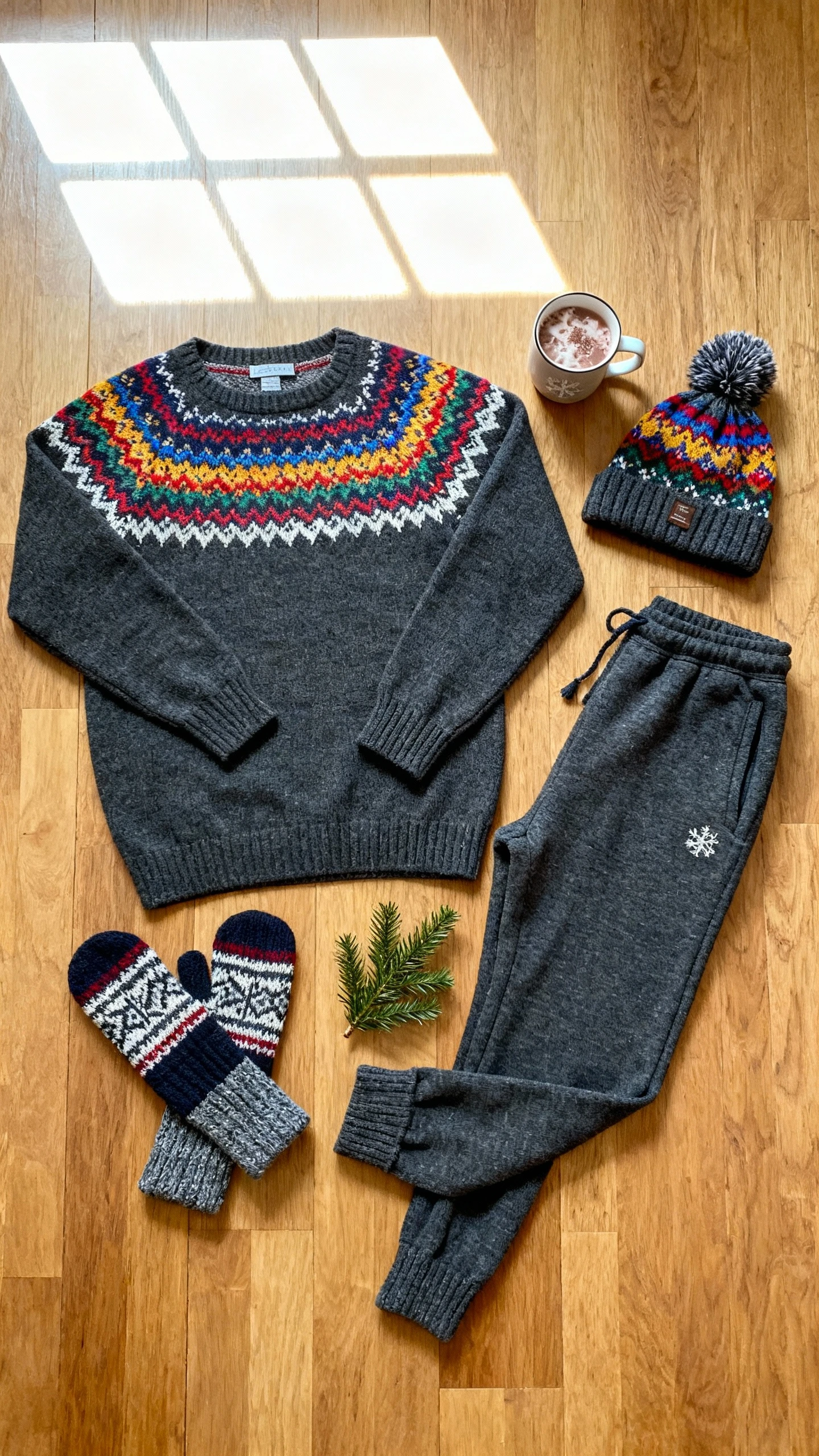 Flat lay overhead view of a festive Fair Isle set: charcoal sweater with colorful Fair Isle yoke, matching knit joggers, thick cabin socks, pom-pom beanie, and fingerless gloves, arranged on a wooden floor with a mug of hot cocoa and a tiny evergreen clipping, bright natural window light, no person visible, organized composition, iPhone photo aesthetic.