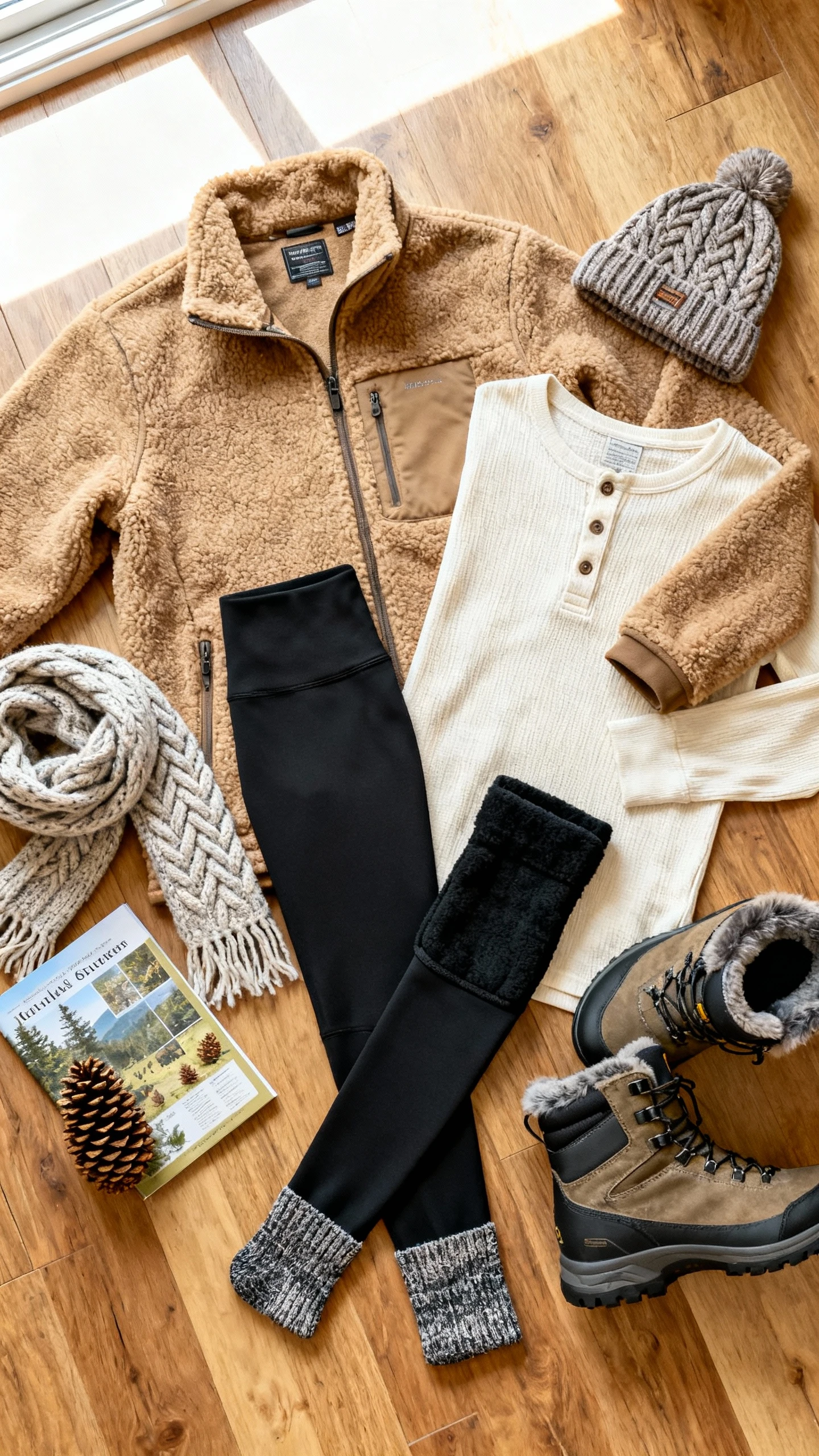 Flat lay overhead view of cabin-core layers: tan sherpa fleece jacket, cream thermal henley, black fleece-lined leggings, wool socks, knit scarf, cable-knit beanie, and weatherproof winter boots, arranged on a wooden floor with a pinecone and a field guide booklet, bright natural window light, no person visible, organized composition, iPhone photo aesthetic.