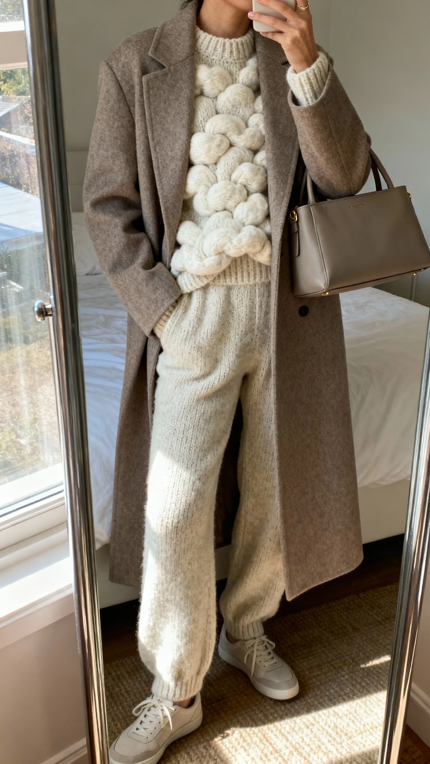 iPhone mirror selfie of a woman wearing a cloud-like chunky knit sweater with matching knit pants set layered under a long tailored wool coat, paired with minimalist sneakers and a structured tote, face not visible, cropped at neck, bedroom mirror, soft morning window light, iPhone photo quality.