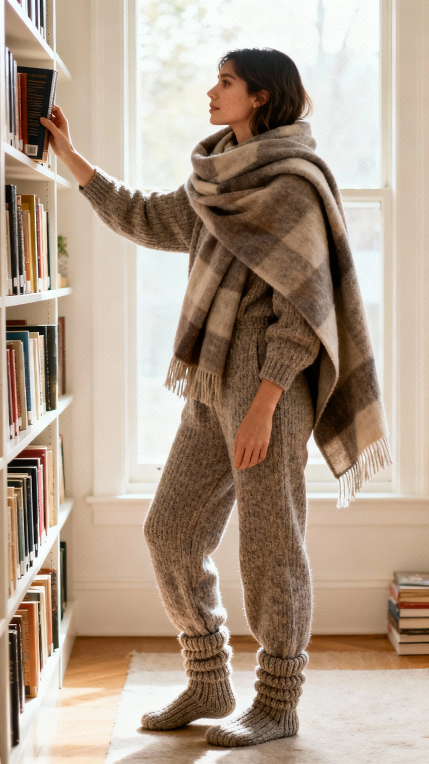 Natural lifestyle photo of a woman in a knit jumpsuit with chunky socks and a big blanket-scarf wrapped around her, standing by a bookshelf reaching for a book, face looking away, soft indoor daylight, iPhone photo quality, unstaged