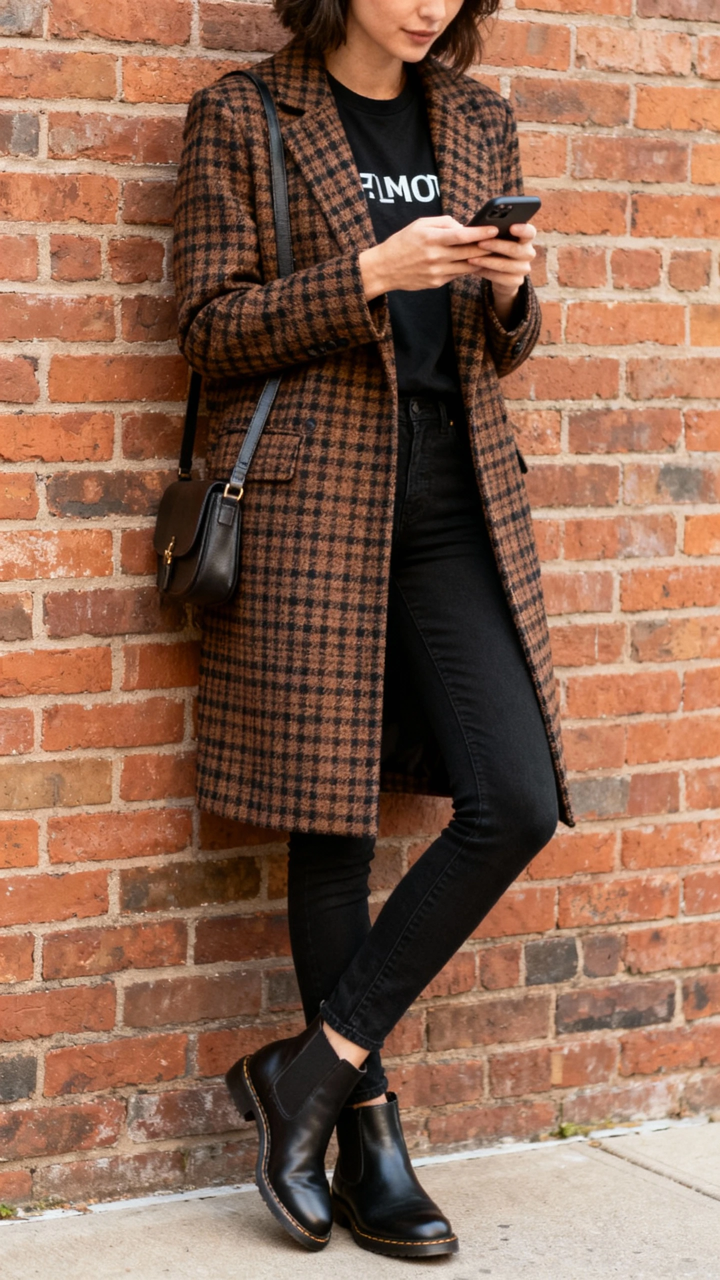 Natural lifestyle photo of a woman in a tailored check coat (brown/black plaid) over a black tee, slim black jeans, and Chelsea boots with a crossbody bag, leaning against a brick wall scrolling her phone, face slightly blurred, afternoon daylight, iPhone photo quality