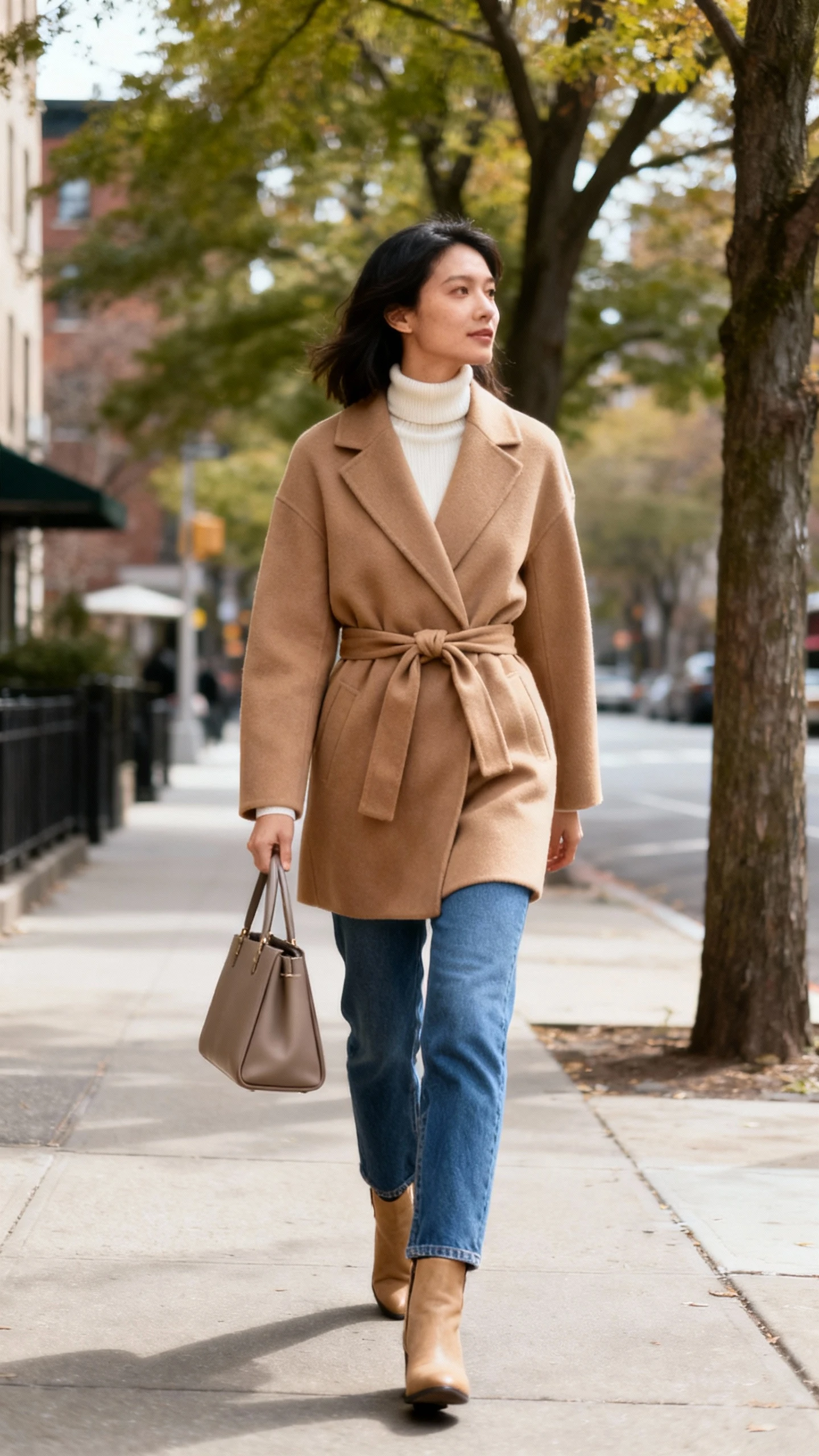 Natural lifestyle photo of a woman wearing a camel wrap coat tied at the waist over a cream turtleneck, straight-leg blue jeans, and tan ankle boots, carrying a structured tote, walking on a tree-lined city block, face looking away, natural daylight, iPhone photo quality, unstaged