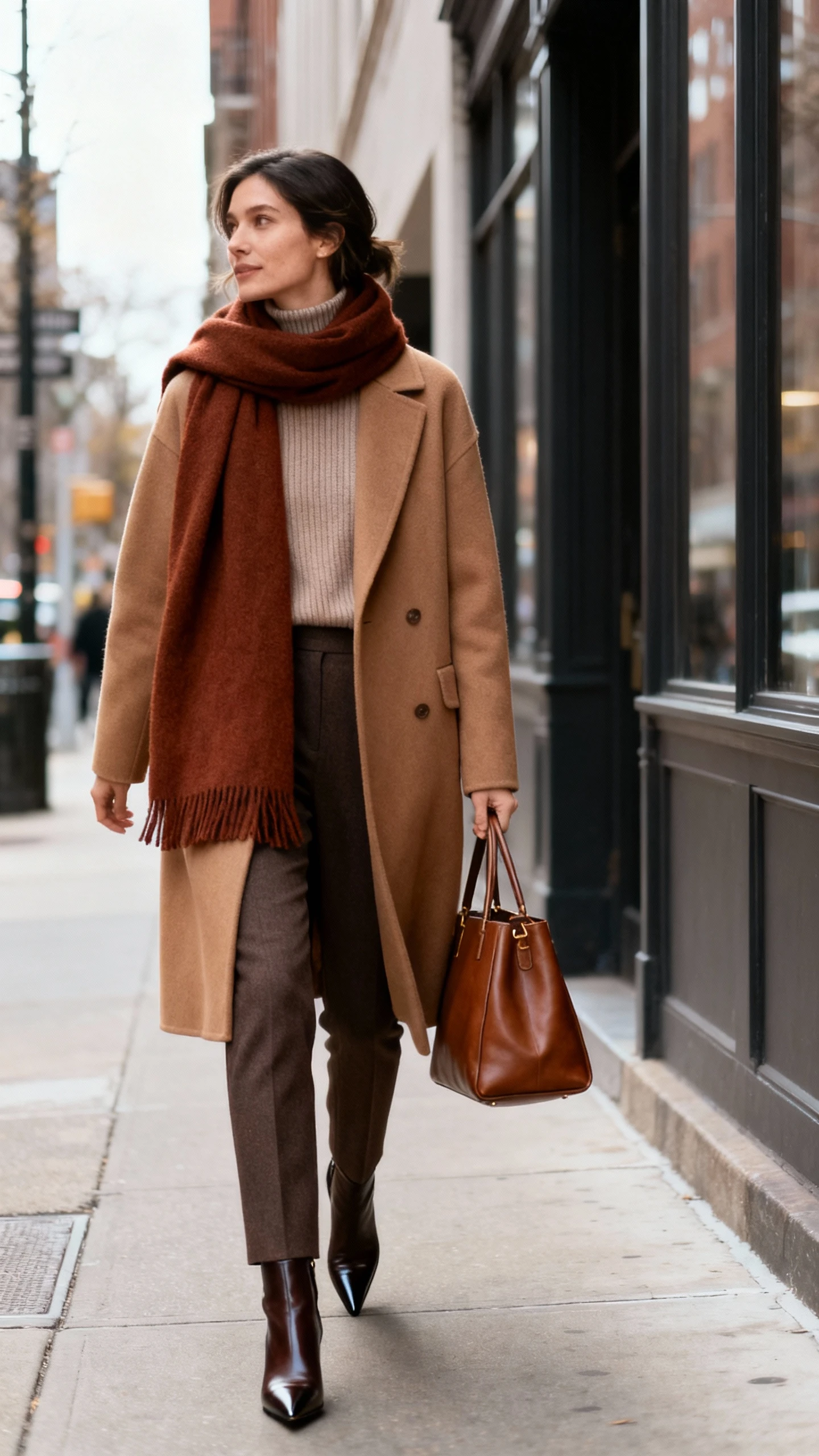 Natural lifestyle photo of a woman wearing a tailored camel wool coat over a fine-knit turtleneck, slim wool trousers, pointed-toe ankle boots, an oversized cashmere scarf in a rich solid, and a structured leather tote, walking down a city sidewalk, face looking away, natural daylight, candid iPhone photo quality, unstaged.
