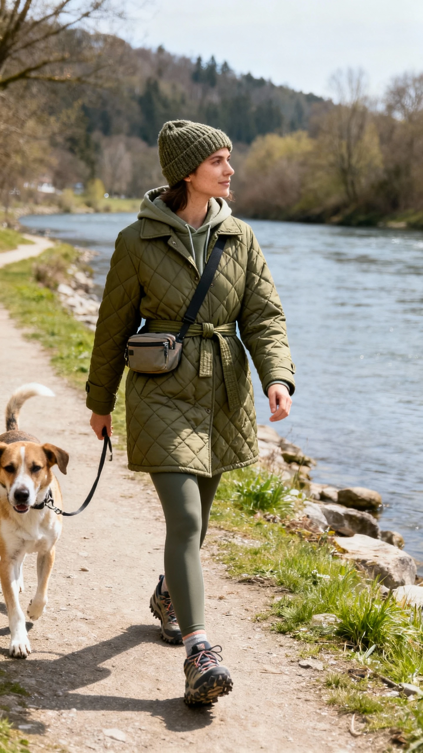 Natural photo of a woman in a quilted belted coat in olive over a hoodie, leggings, and trail sneakers with a knit beanie and crossbody belt bag, walking her dog along a riverside path, face looking away, crisp daylight, iPhone photo quality