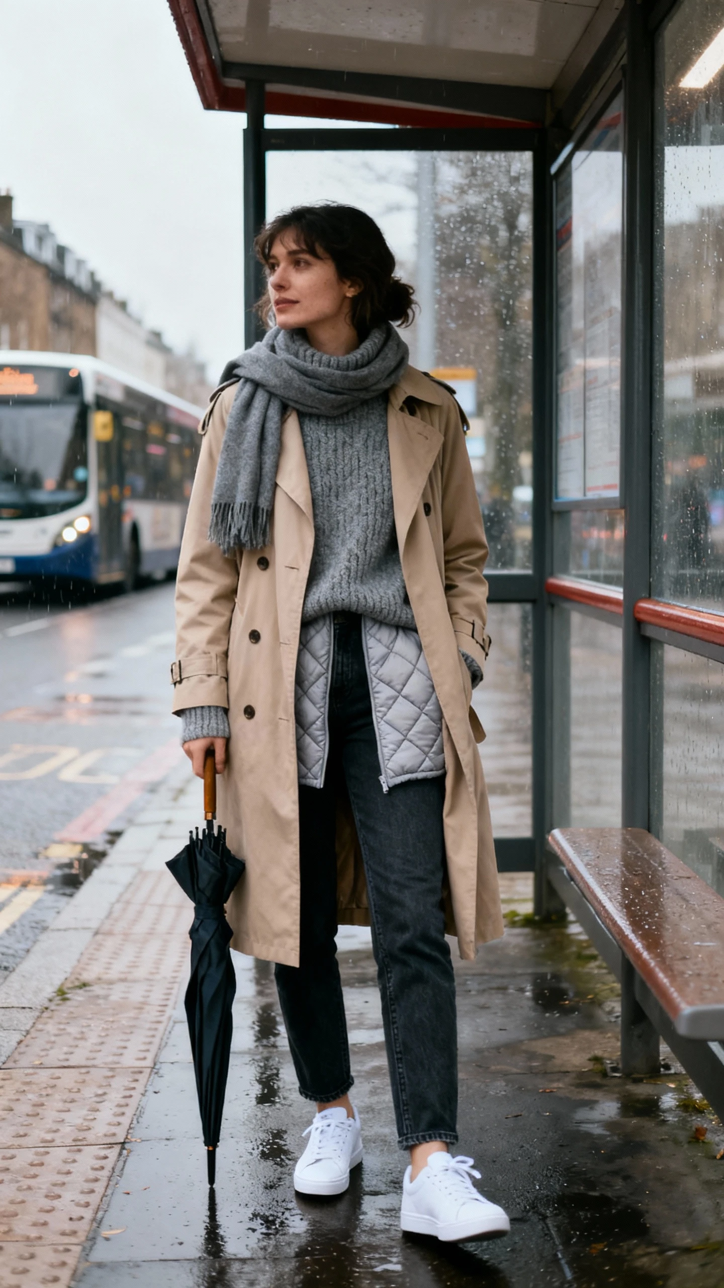 Natural street photo of a woman wearing a classic beige trench layered over a chunky gray sweater, lightweight quilted liner, dark denim, and white sneakers with a scarf and umbrella, standing at a bus stop on a drizzly day, face in shadow, soft daylight, iPhone photo quality