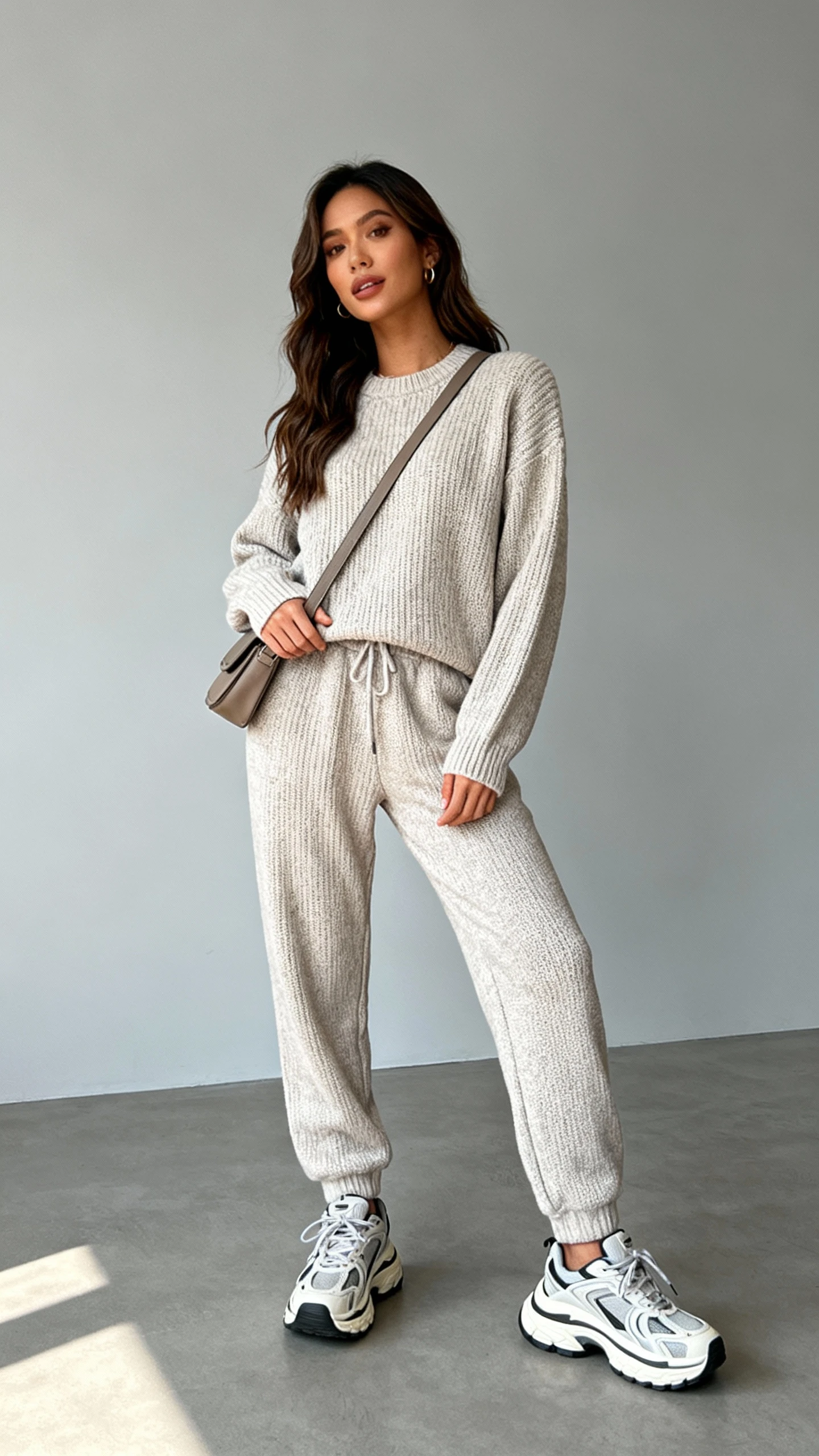 Studio fashion photo of a woman in a matching knit co-ord set (sweater and joggers) with chunky sneakers and a crossbody bag, neutral gray background, soft studio lighting, candid natural pose, clean composition.