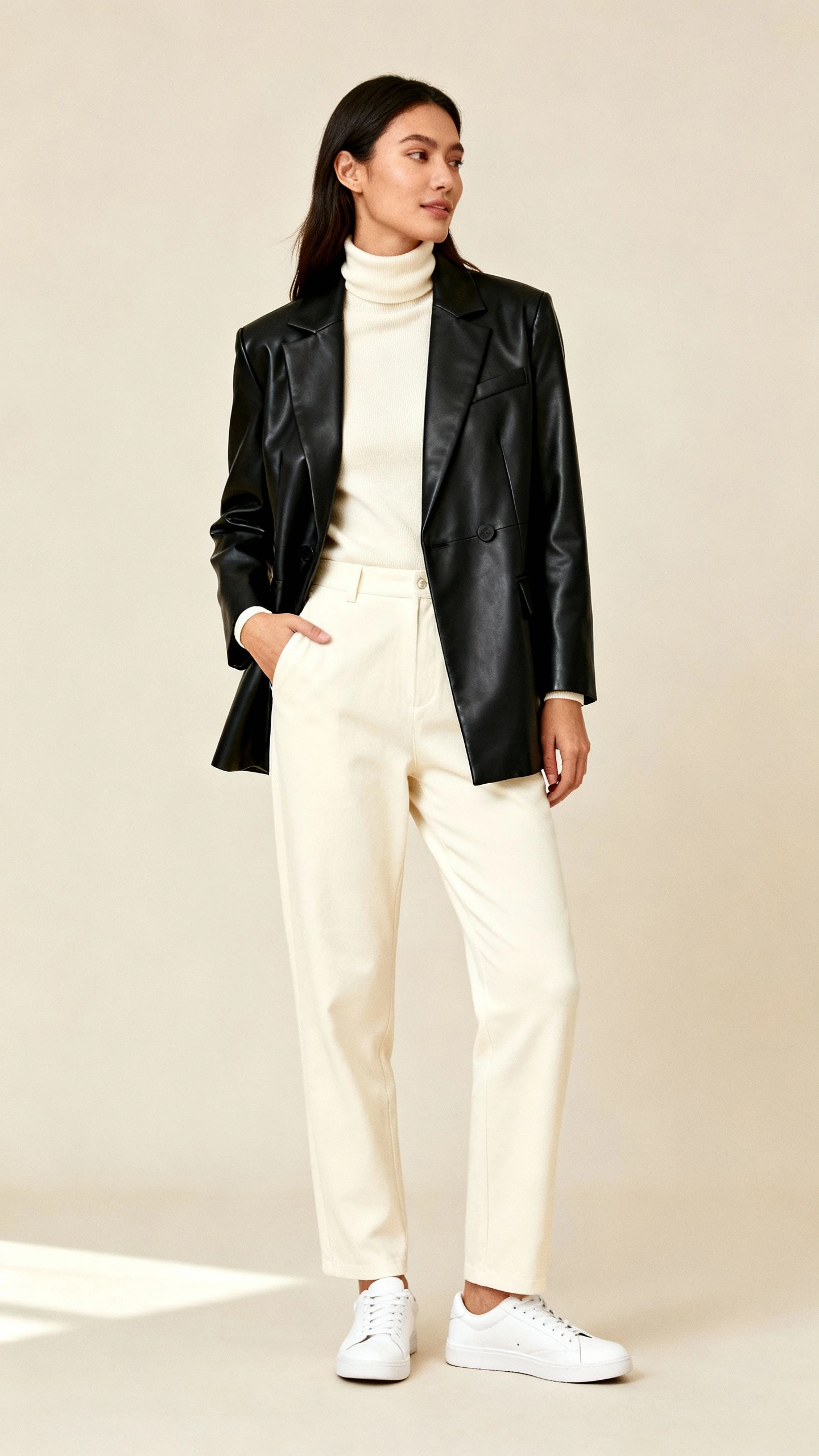Studio fashion photo of a woman wearing a black faux leather blazer layered over a cream turtleneck and cream trousers with white sneakers, beige background, soft studio lighting, hands-in-pocket natural pose, clean composition.