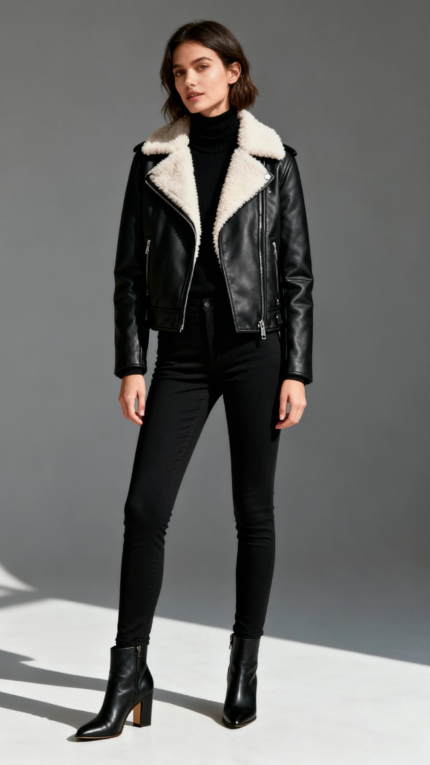 Studio fashion photo of a woman wearing a black shearling-lined moto jacket over an all-black base (turtleneck, skinny trousers) with black heeled boots, gray background, studio lighting, natural stance, clean composition.
