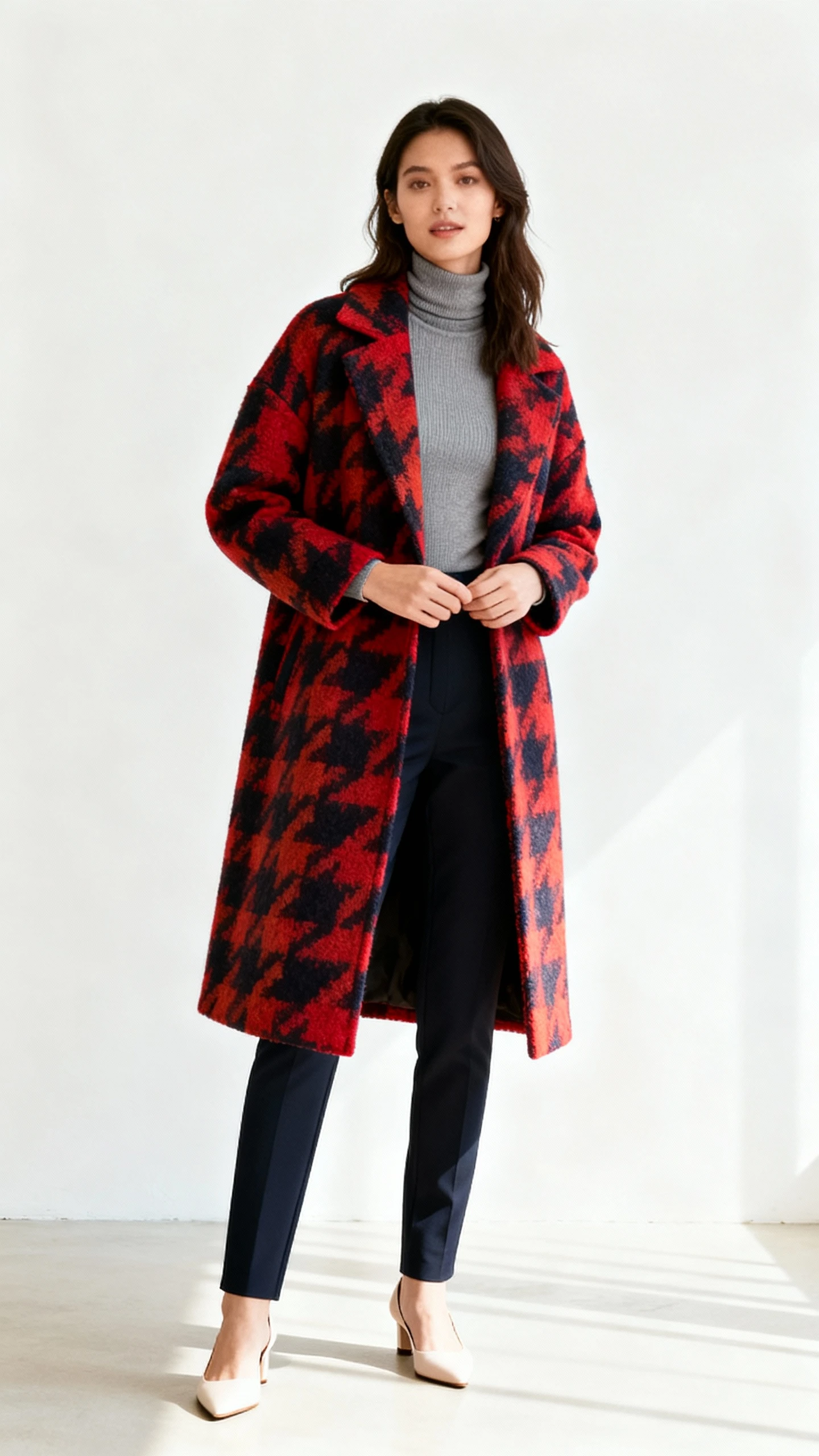 Studio fashion photo of a woman wearing a bold statement coat over sleek base layers (fitted turtleneck and slim trousers) with minimal heels, white background, soft studio lighting, front-facing natural pose, clean composition.