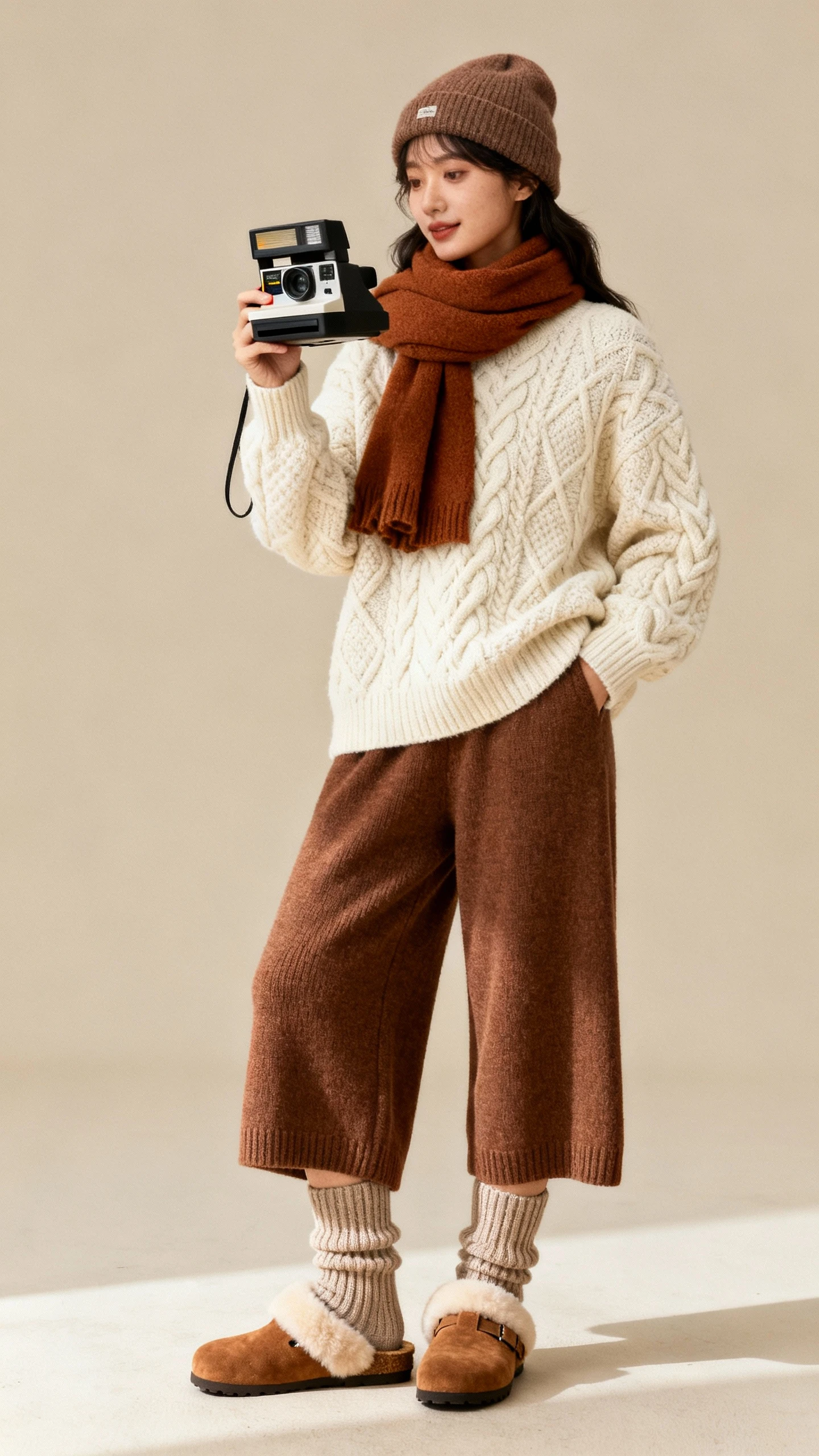 Studio fashion photo of a woman wearing a chunky cream cable-knit sweater, cocoa-brown wide-leg knit pants, shearling-lined suede clogs, thick ribbed socks, and holding a classic Polaroid camera with a cinnamon scarf and beanie; neutral beige background, soft studio lighting, professional natural pose, clean composition, high quality.