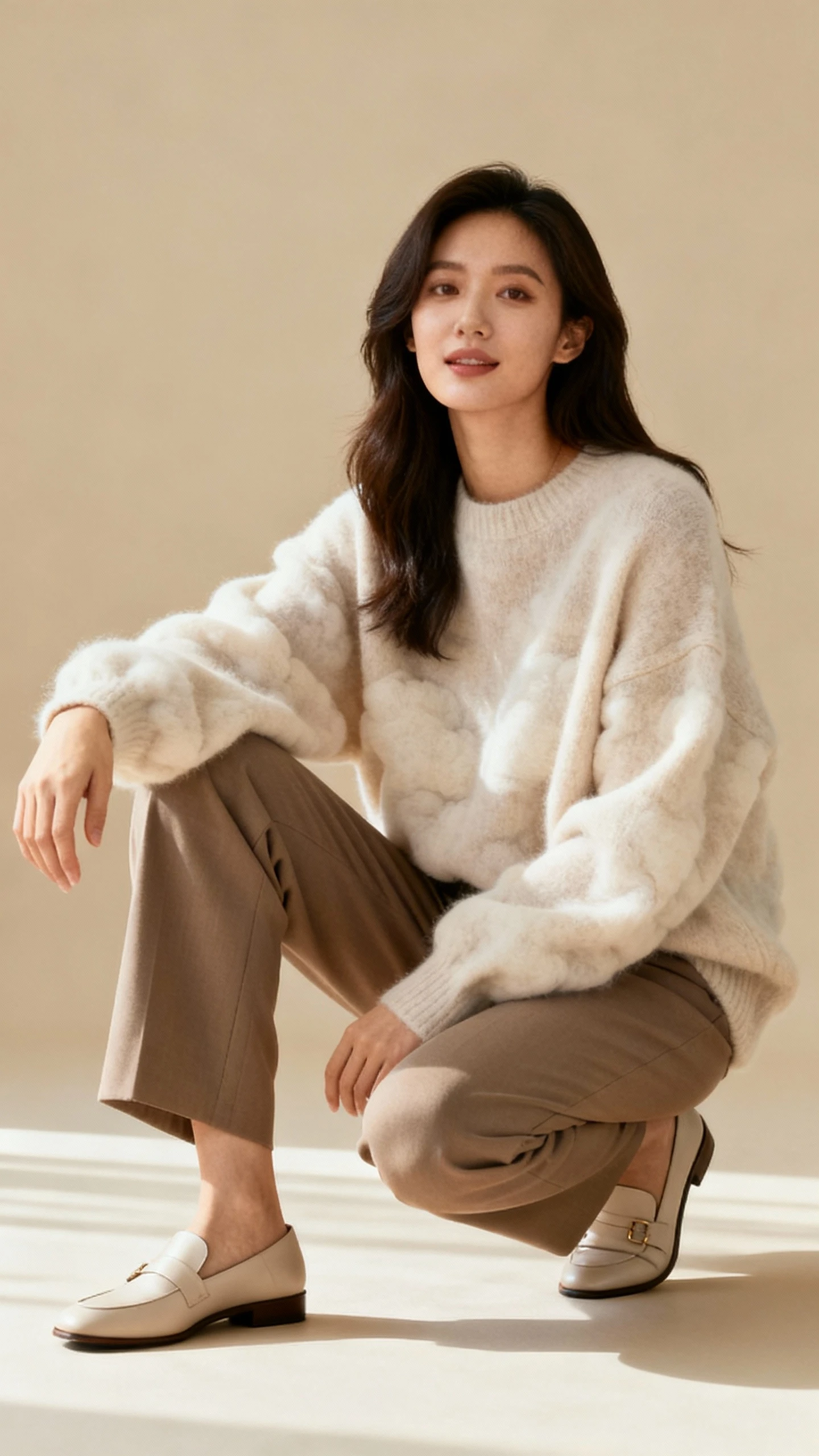 Studio fashion photo of a woman wearing a cloud-soft oversized sweater paired with structured trousers and minimalist loafers, neutral beige background, soft studio lighting, professional natural pose, clean composition, high quality.