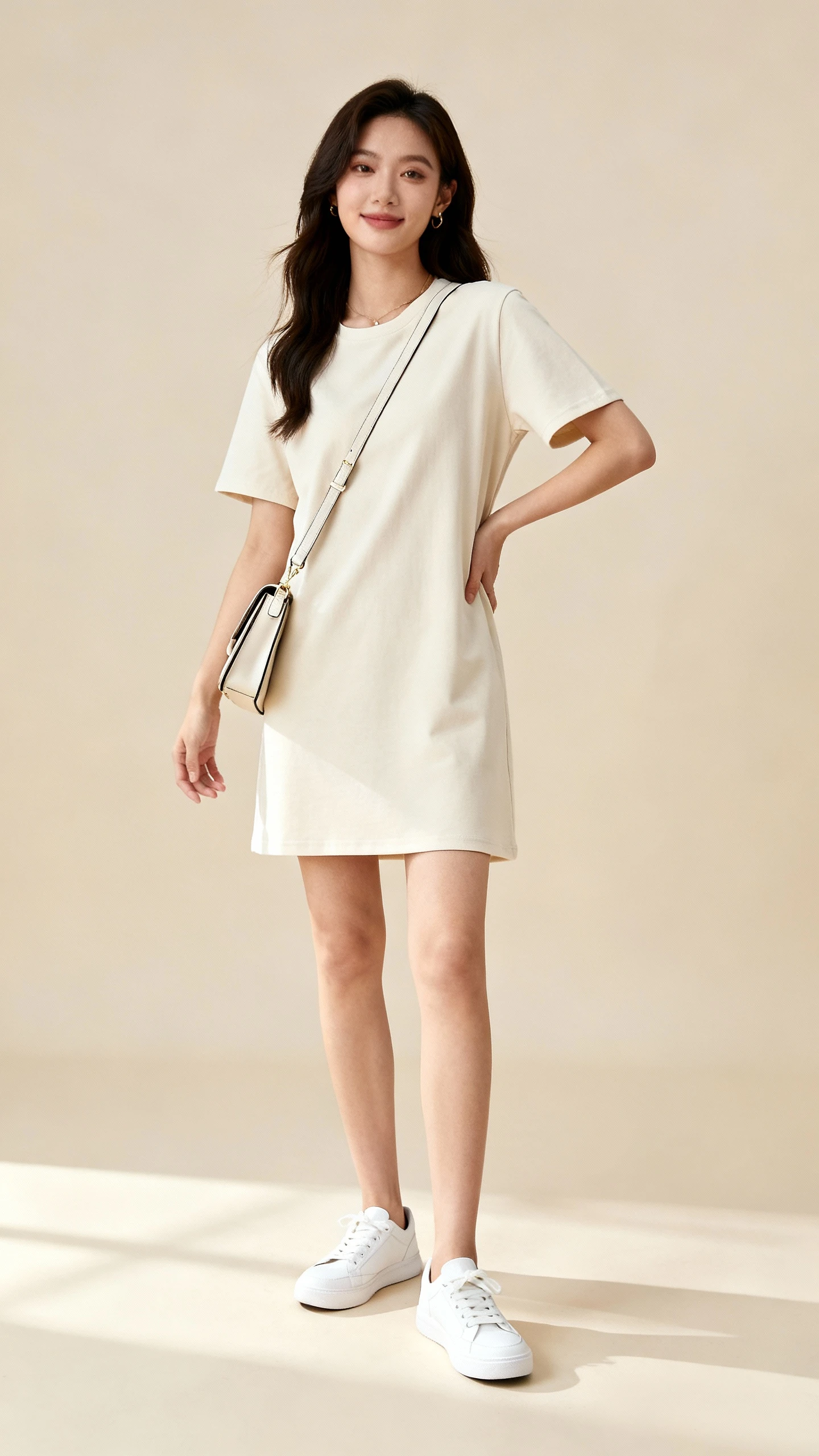 Studio fashion photo of a woman wearing a cotton T-shirt dress with white low-top sneakers and a crossbody bag, neutral beige background, soft studio lighting, professional natural pose, clean composition, high quality.