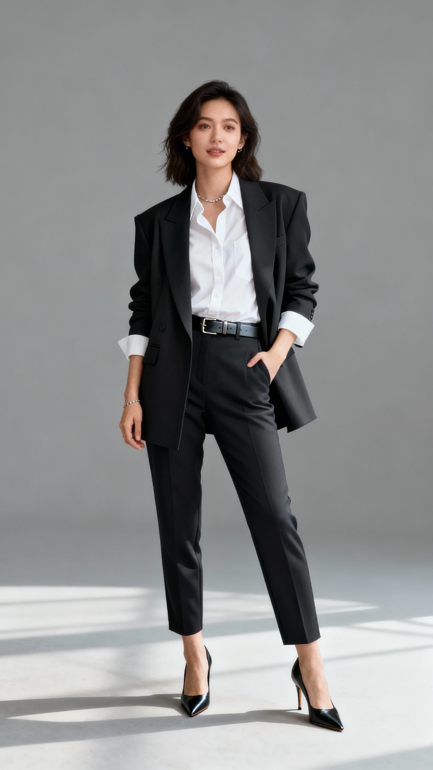 Studio fashion photo of a woman wearing a crisp white button-up shirt under a sharp tailored suit with a modern twist (slightly oversized blazer, tapered trousers), pointed heels, sleek belt, minimal jewelry; neutral gray background, studio lighting, professional natural pose, clean composition, high quality.