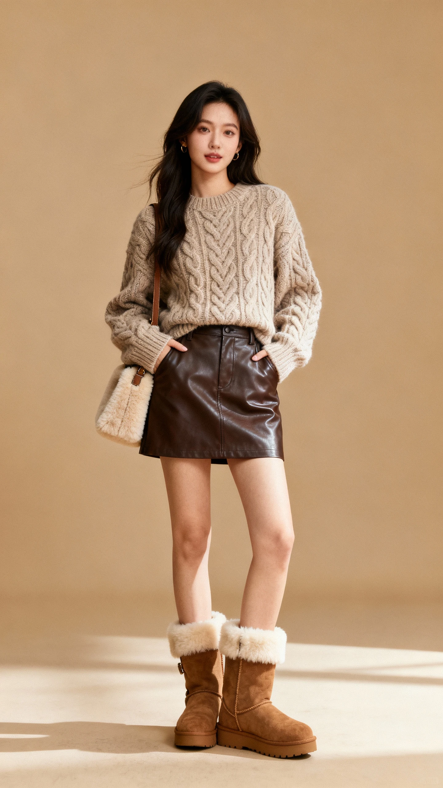 Studio fashion photo of a woman wearing a leather skirt, chunky cable-knit sweater, and shearling-trim boots with a shearling bag, tan background, soft studio lighting, hands-in-pockets pose, clean composition.