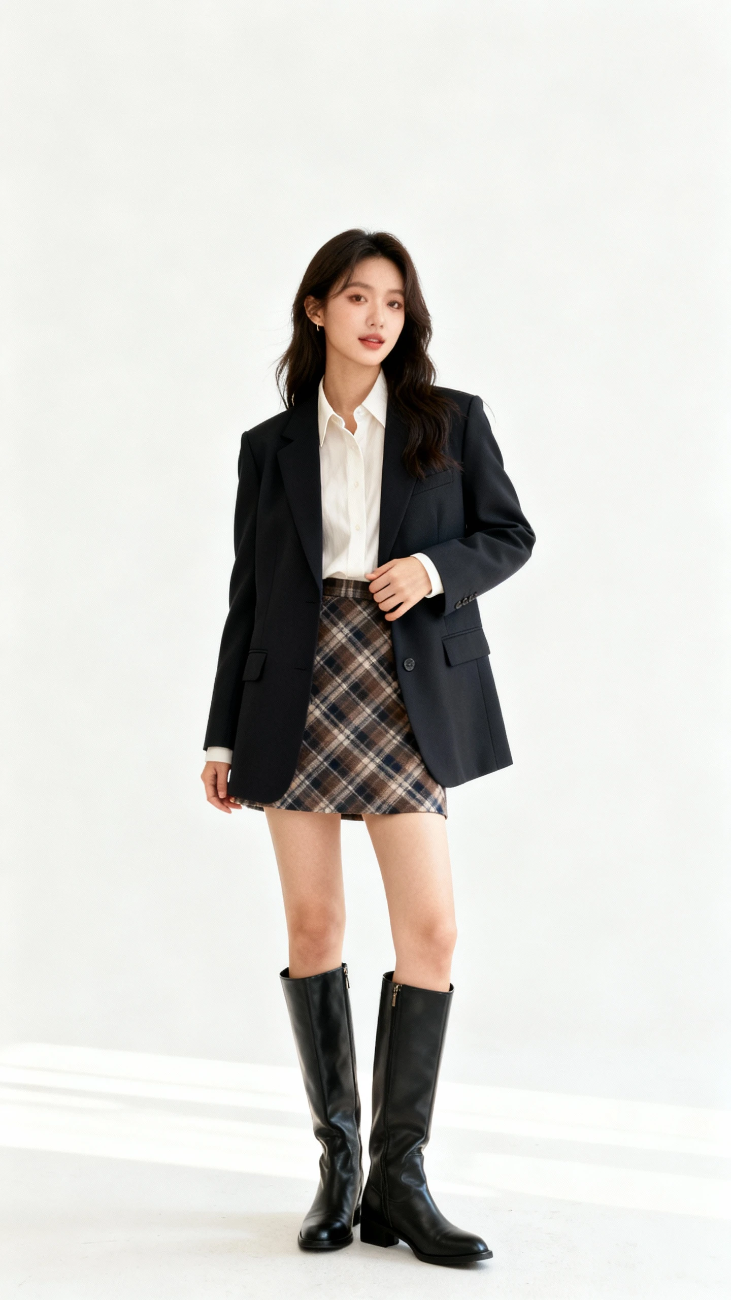 Studio fashion photo of a woman wearing a plaid mini skirt with tall boots and a tailored blazer over a crisp top, white background, soft studio lighting, relaxed hand-in-blazer pose, clean composition, high quality.