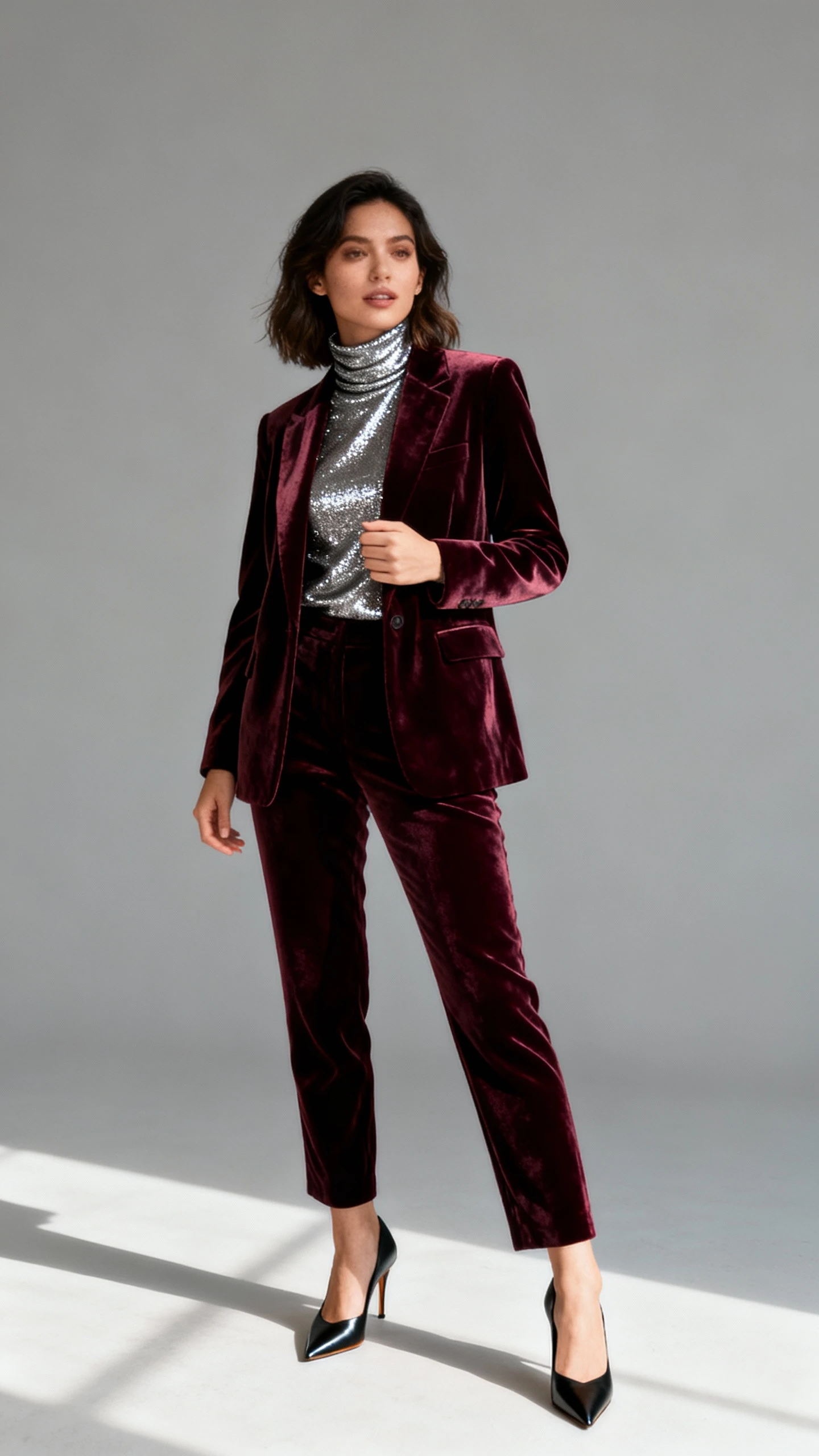 Studio fashion photo of a woman wearing a rich velvet suit with a sparkly metallic turtleneck and pointed heels, neutral gray background, soft studio lighting, professional natural pose, clean composition, high quality.