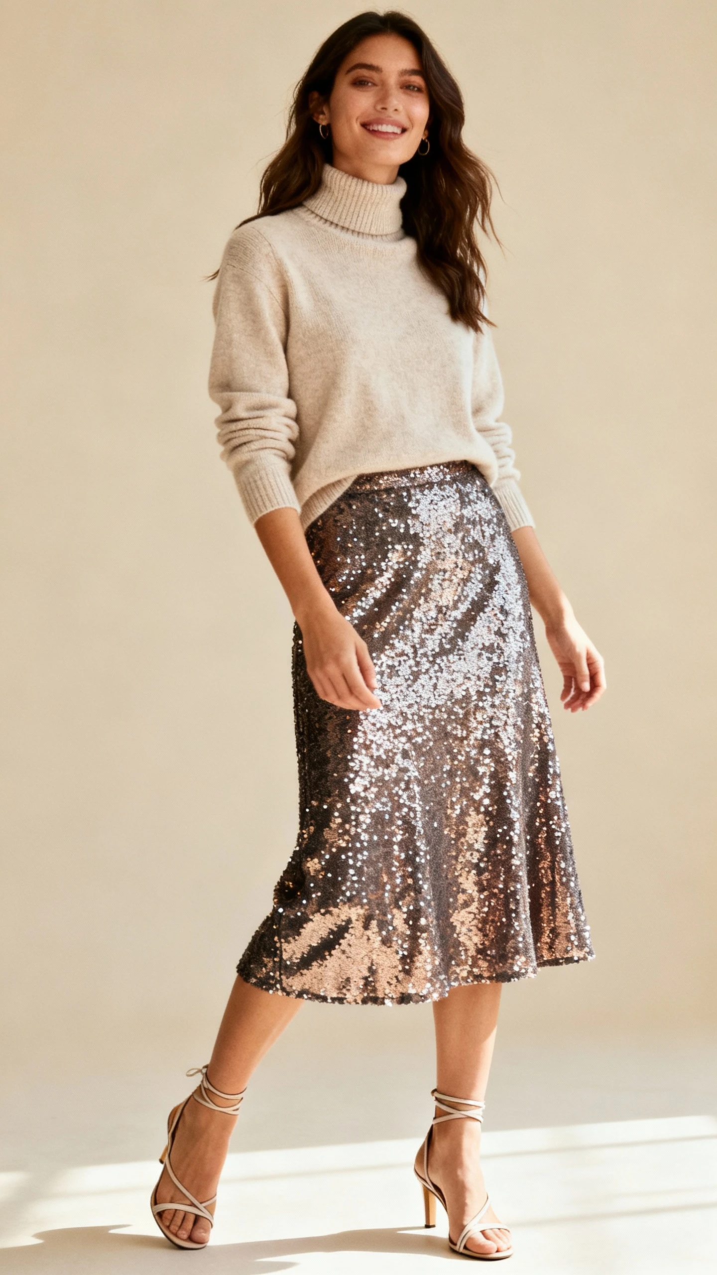 Studio fashion photo of a woman wearing a sequin midi skirt with a cashmere turtleneck and strappy heels, neutral beige background, soft studio lighting, relaxed stance, clean composition, magazine-quality.